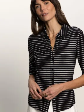 Half Sleeve Ribbed Knit Shirt Black Chalk Stripe Fashionable Option Comfortable texture