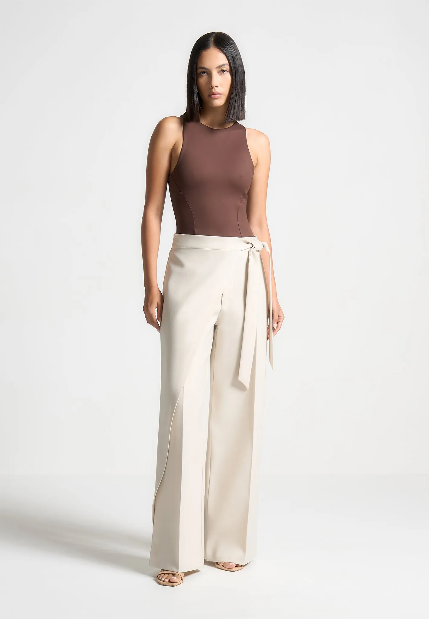 Office Wear In??s - Double Layer Racer Neck Bodysuit - Brown