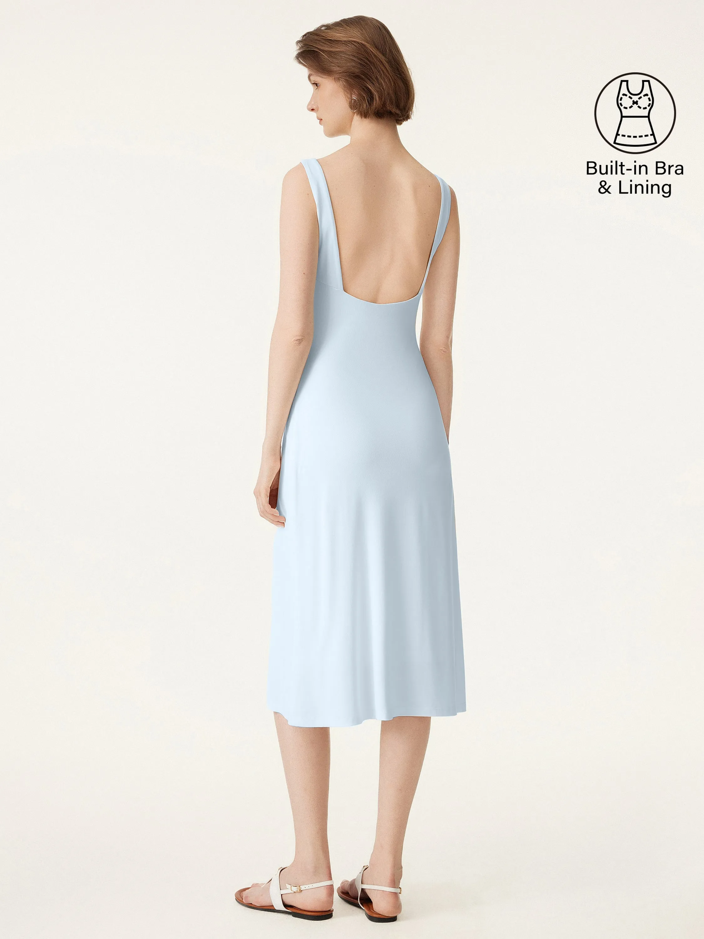 Multi Pocket Functional Design CushionedSupport Classy Boatneck Open Back Bandless Midi Brami Dress