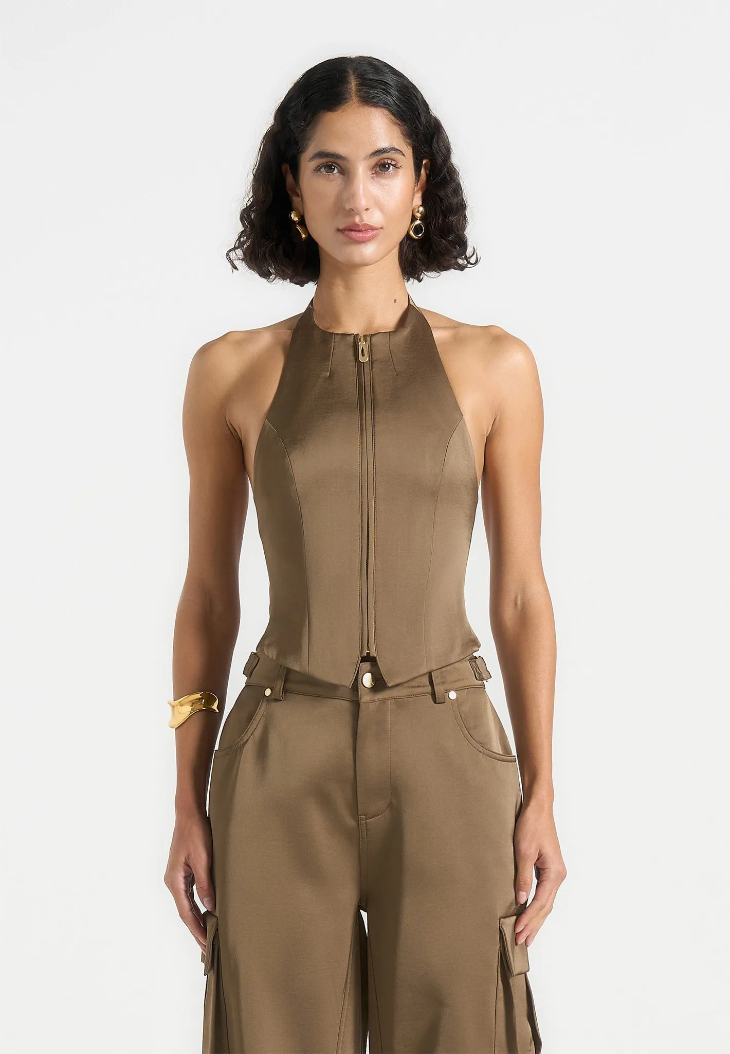 Luxurious Flexible Weave Claudette - Satin Halterneck Backless Top - Dark Olive