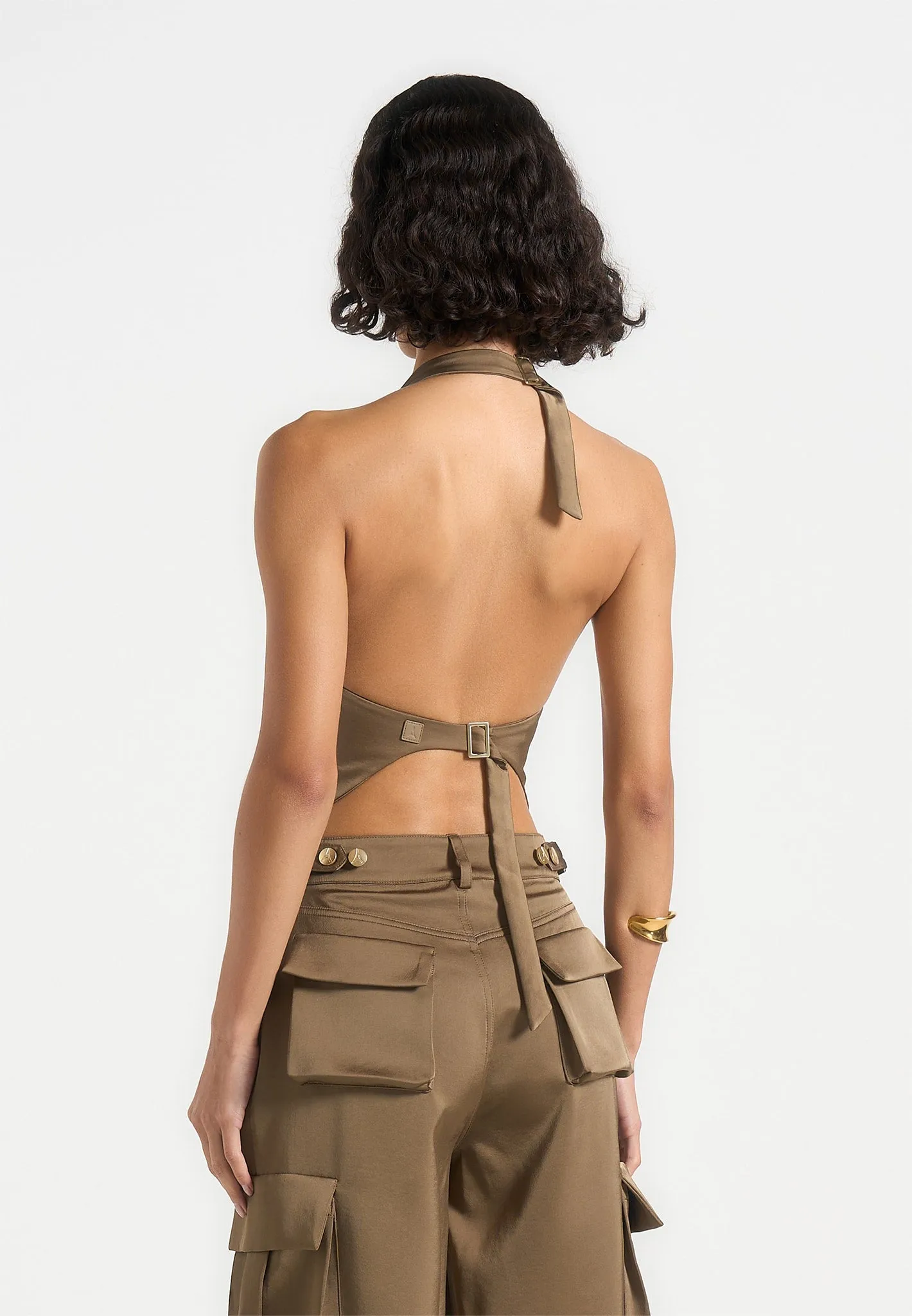 Claudette - Satin Halterneck Backless Top - Dark Olive Anti Static Treatment Quick-Dry Fabric