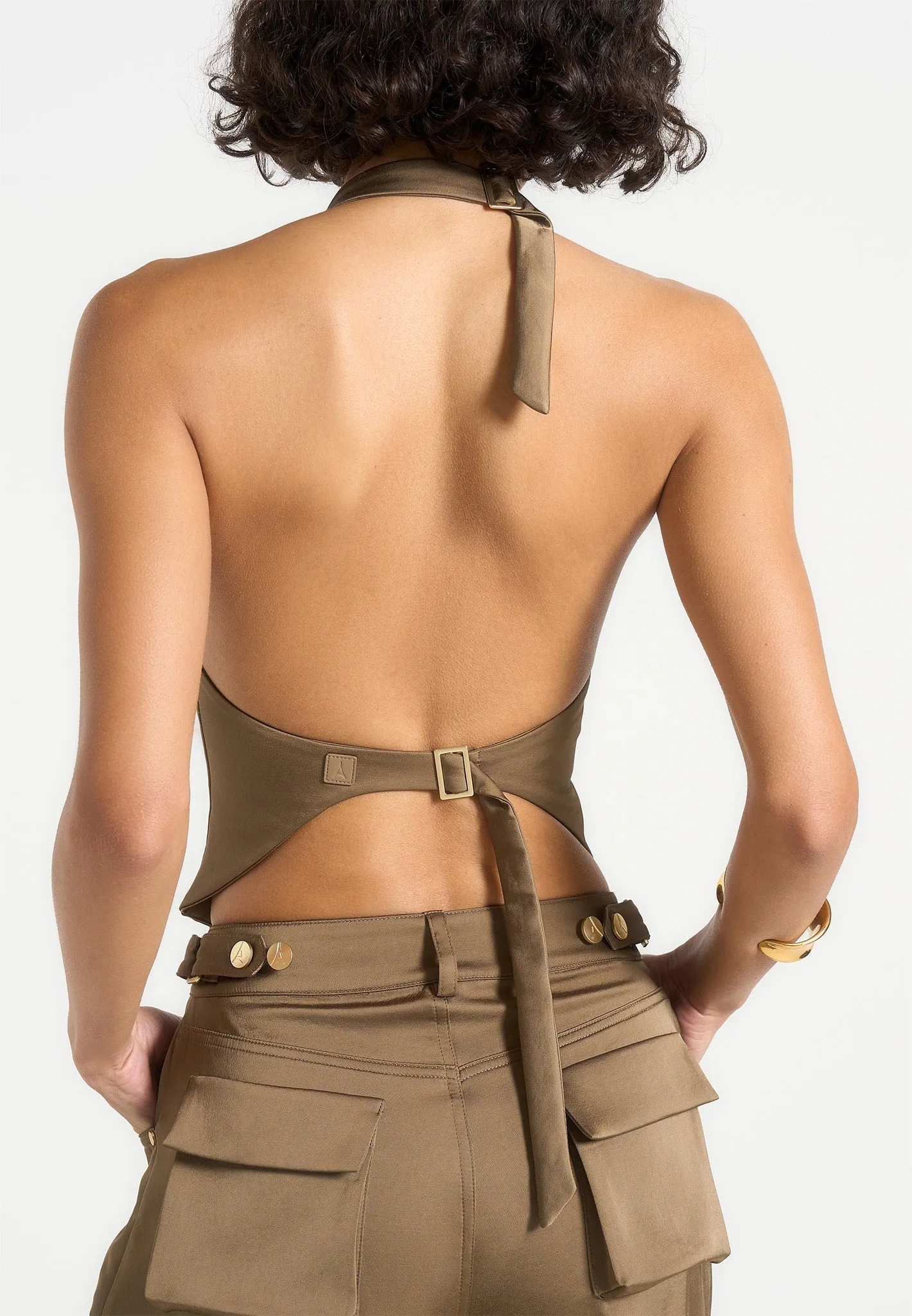 Office Attire Cozy Look Claudette - Satin Halterneck Backless Top - Dark Olive