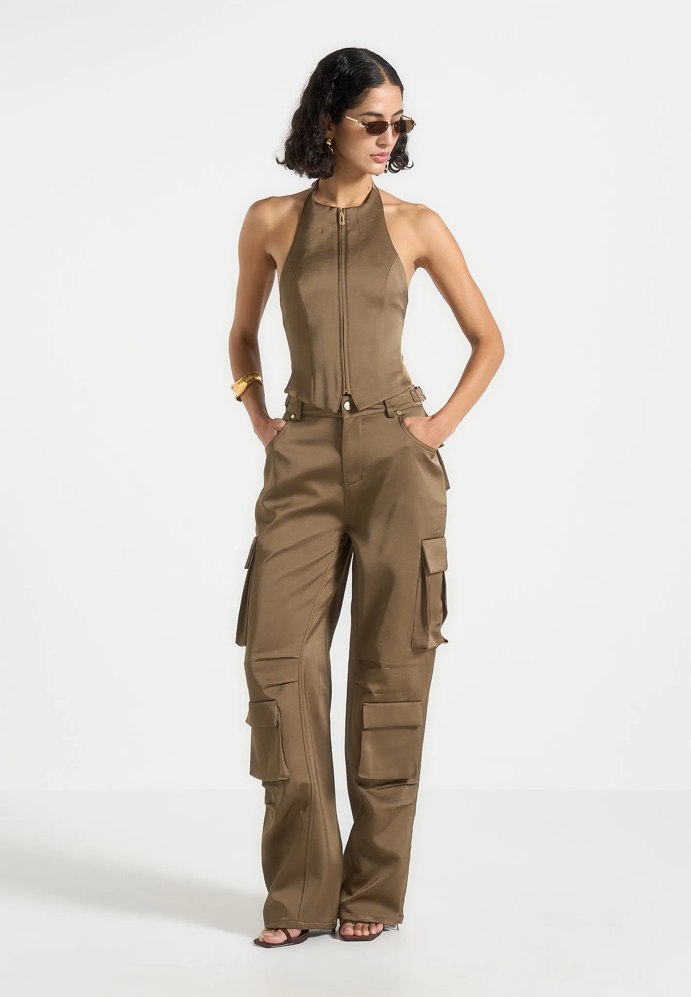 Non Toxic Printing Claudette - Satin Halterneck Backless Top - Dark Olive