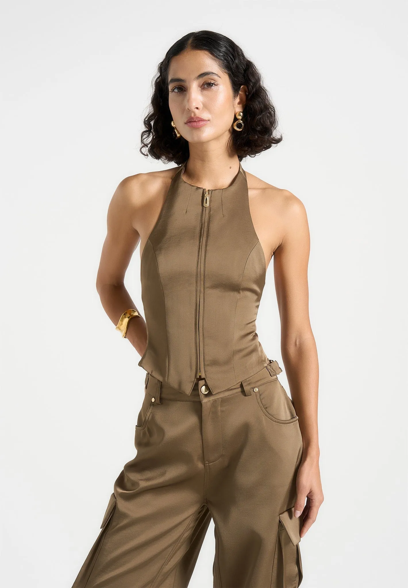 Claudette - Satin Halterneck Backless Top - Dark Olive Stretchable Armholes