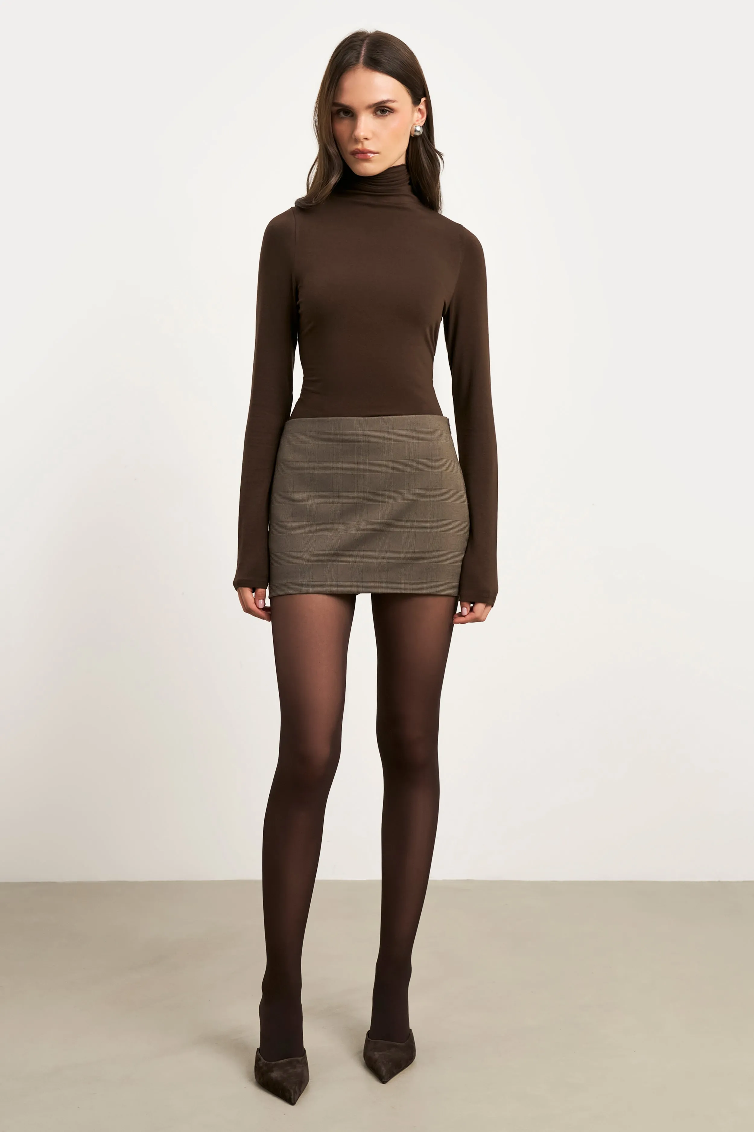 Calm Mood Matte Finish Clean Cut Micro Skirt - Carob Check