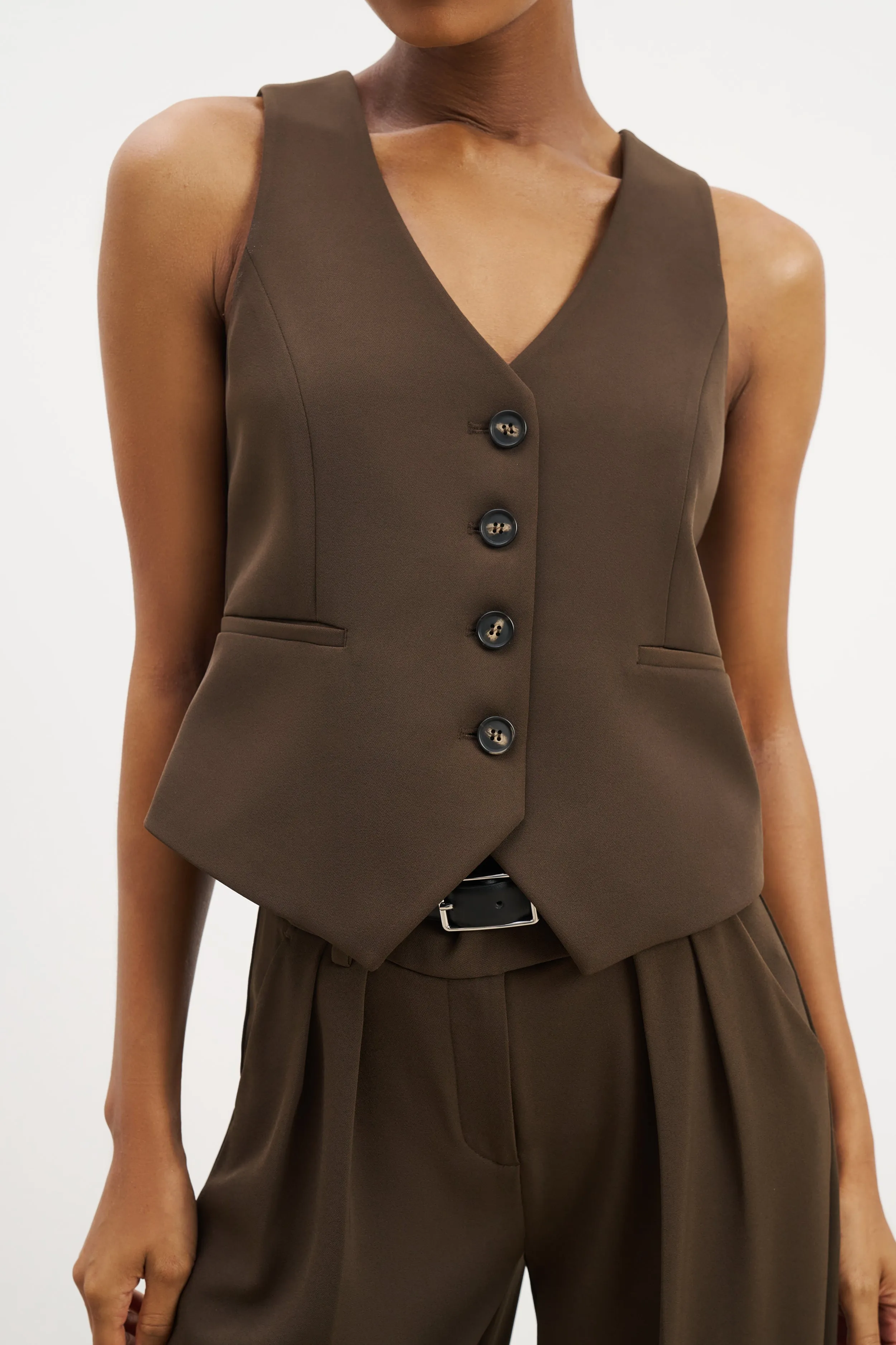 Clean Cut Waistcoat - Carob Compact Weave Fabric Durable Hem Stitching