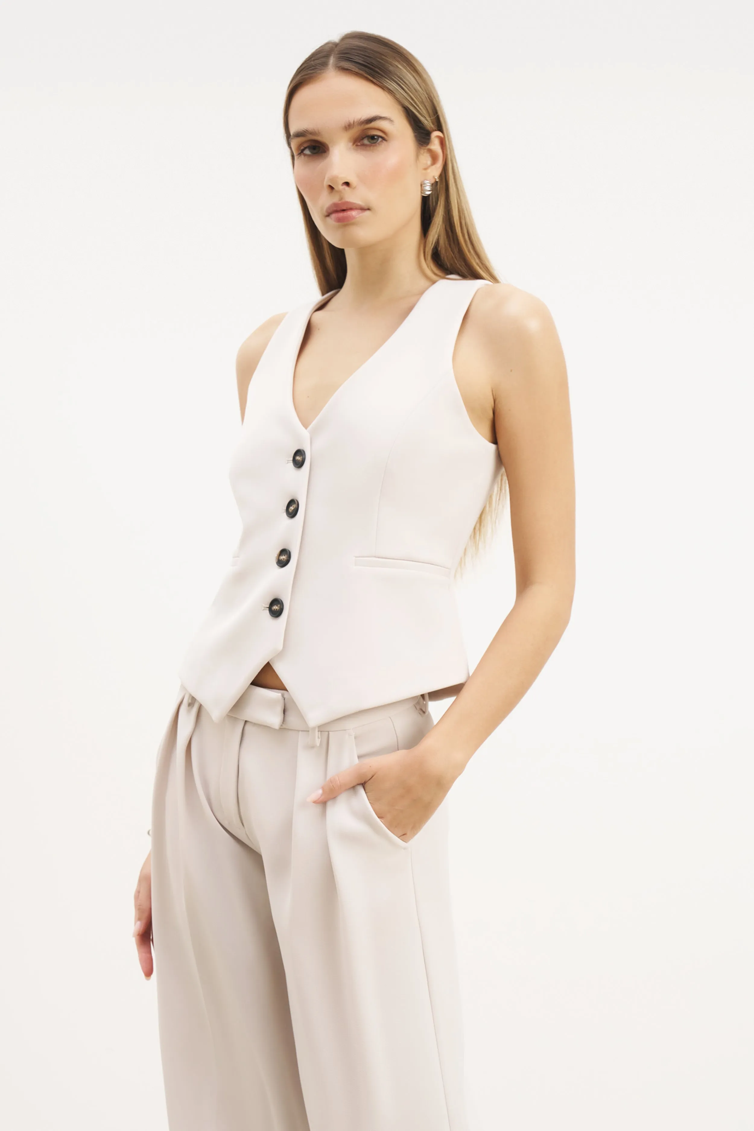 Clean Cut Waistcoat - Ecru FlexibleCuff Stretch Knit Material