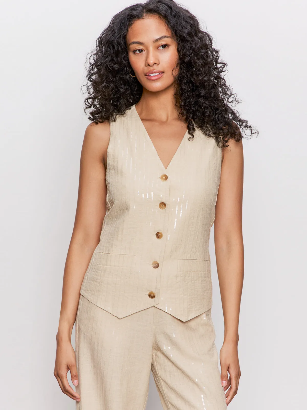 Relaxed Modern Vest Sand Sequin Stripe Body shaping Contrast Binding