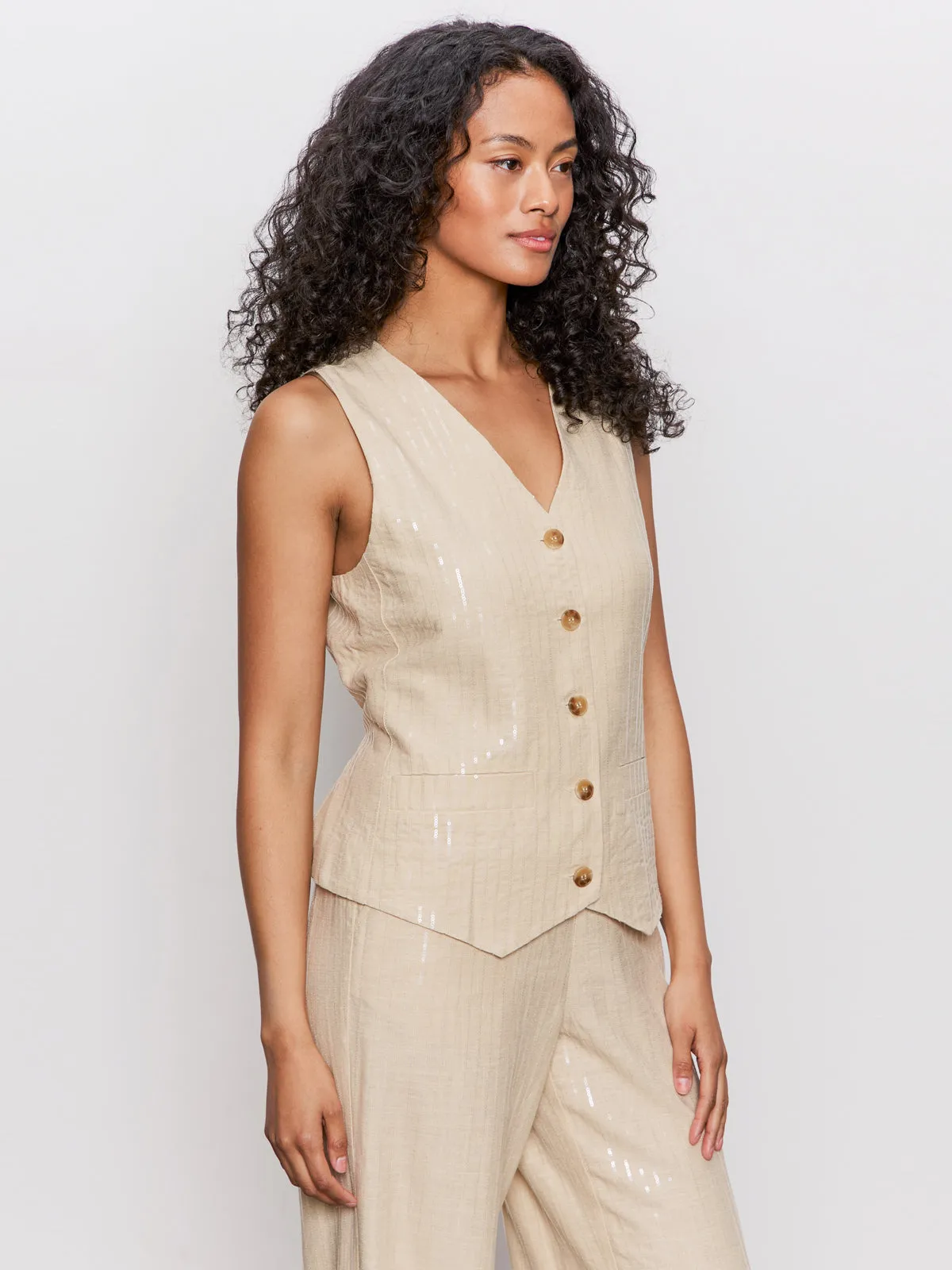 Relaxed Modern Vest Sand Sequin Stripe Hooded Design