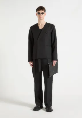 Colin - Collarless Double Breasted Minimal Blazer - Black Chic and Elegant Sharp Tailoring