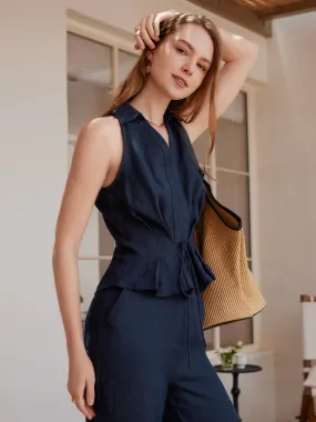 ButtonFront ButterSoft Handfeel Collared V-neck Pleated Sleeveless Top with Drawstring