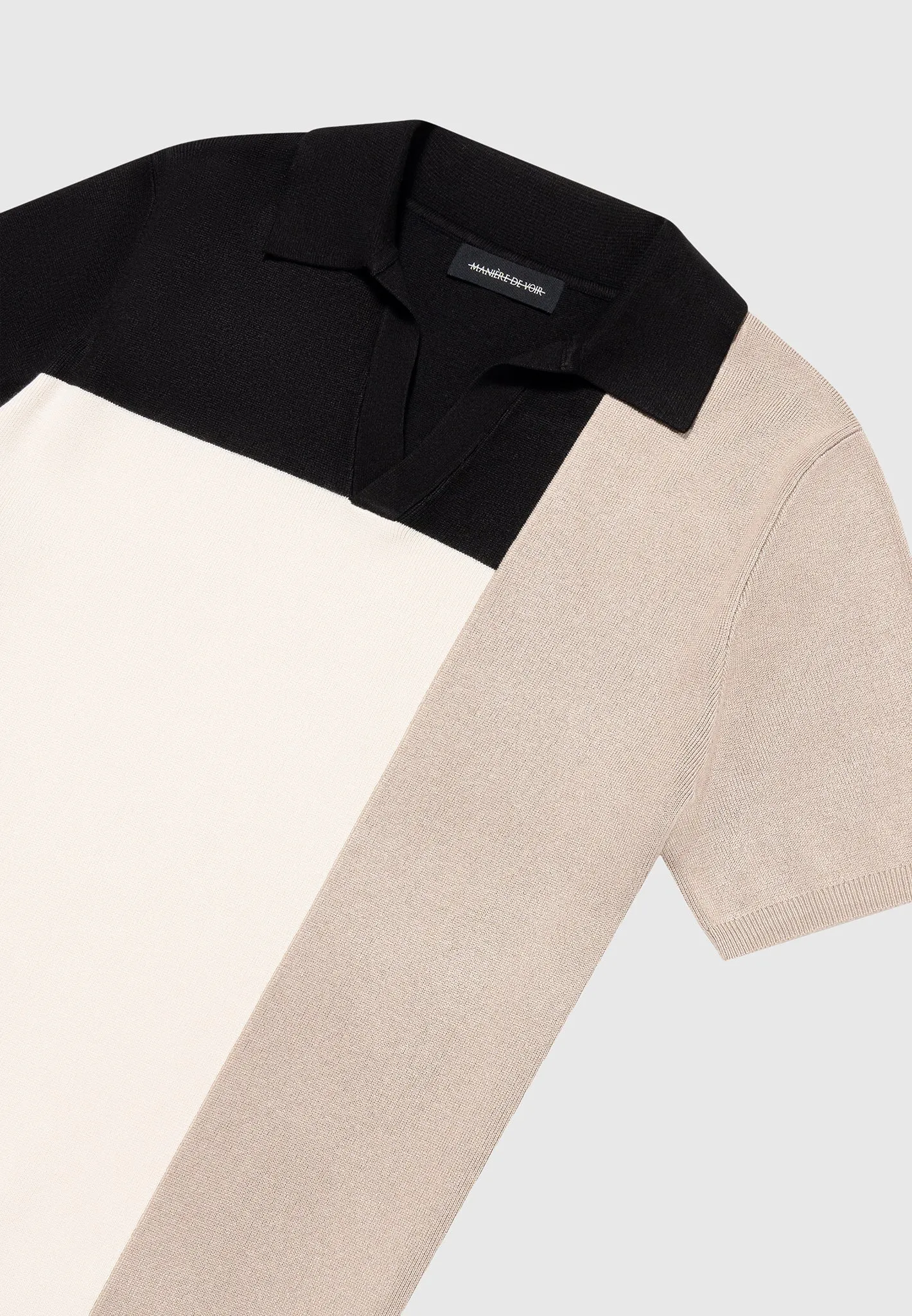 Colour Block Knit Revere Polo Top - Black/Beige Breathable Ventilation