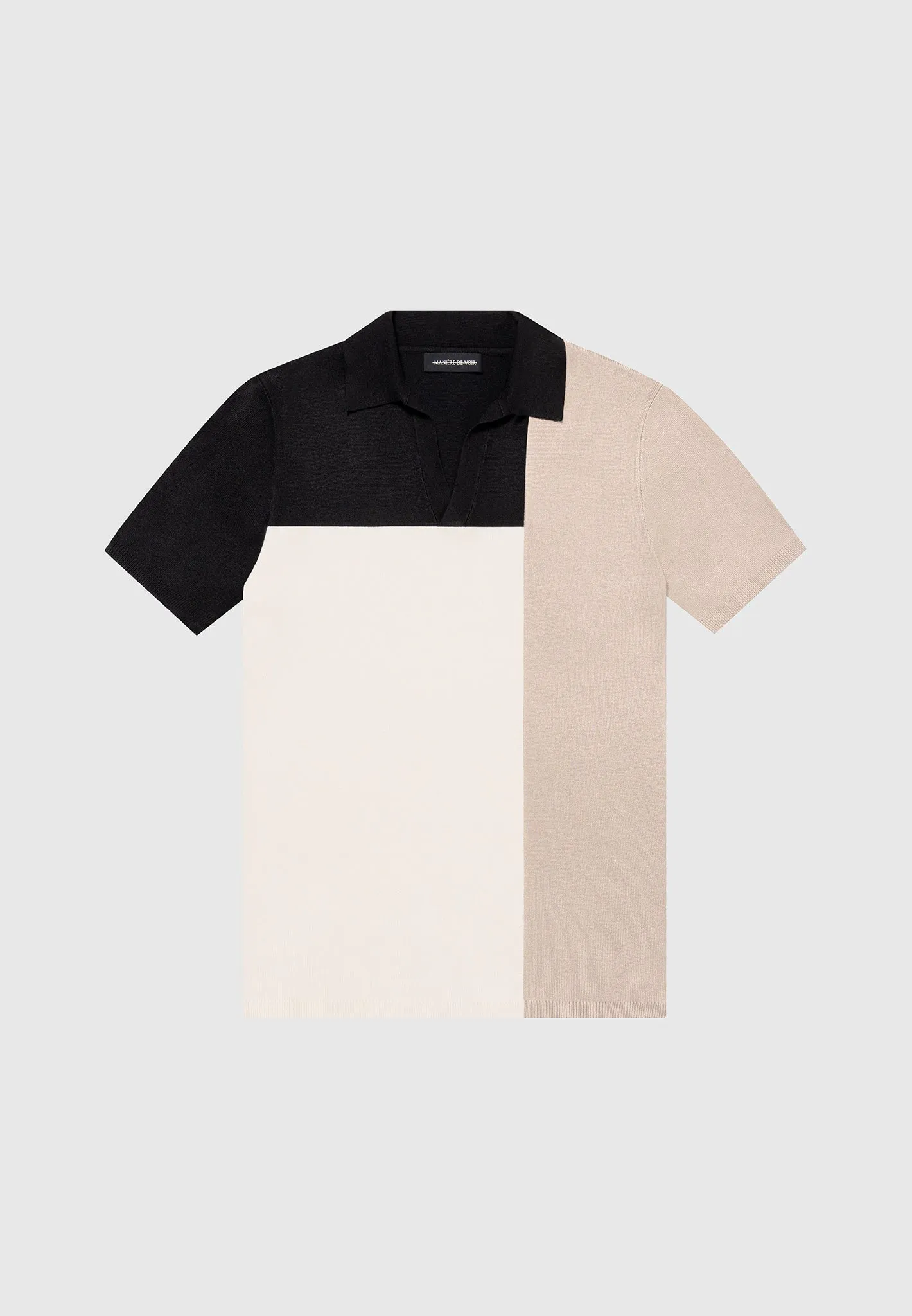 Fade Resistant Treatment Winter Layer Colour Block Knit Revere Polo Top - Black/Beige