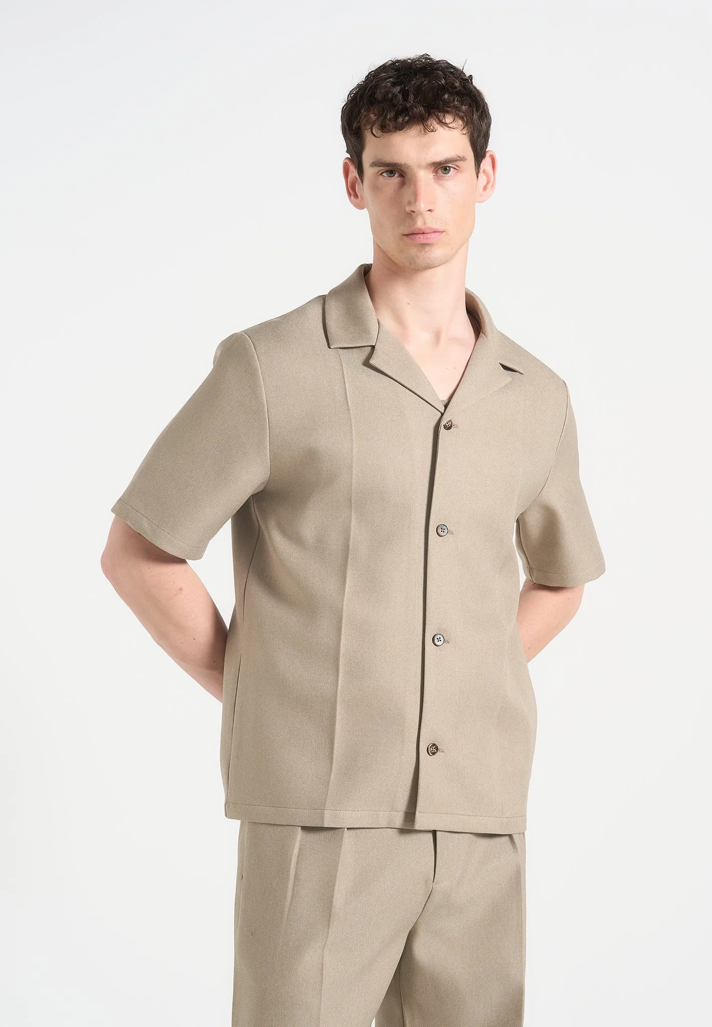 Felix - Tailored Shirt With Crease - Beige Stretchable Material