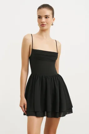 Cozy Layer Chiffon Tiered Babydoll Mini Dress - Black