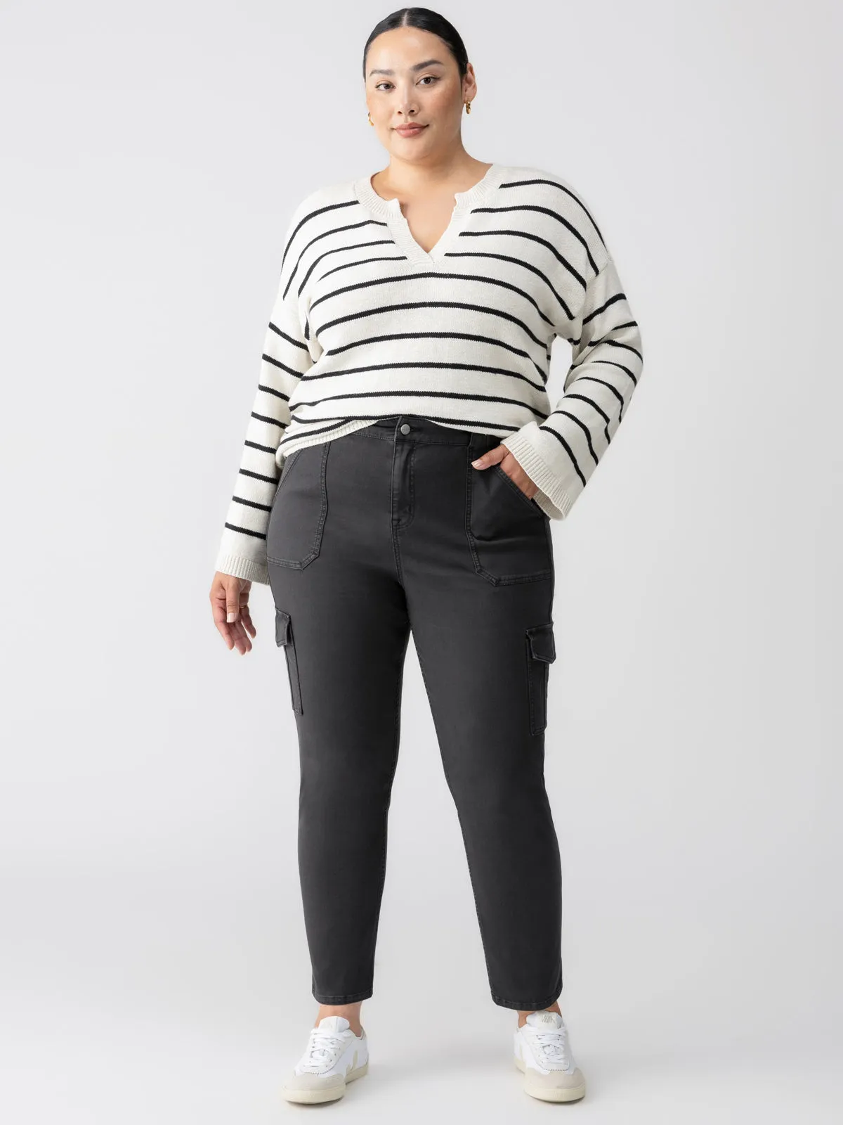 Sculpted Hayden Cargo Standard Rise Pant Black Extended Sizing Simple Utility Stretchable Comfort