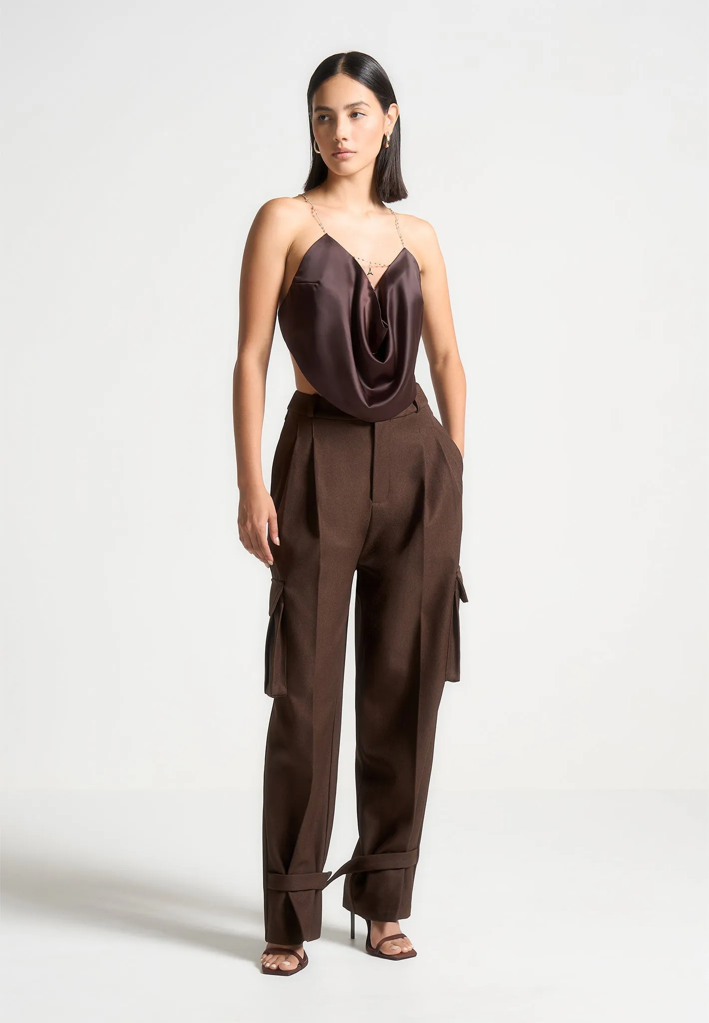Satin Cowl Neck Top with Chain Detail - Brown High Durability Weave StretchComfortWeave