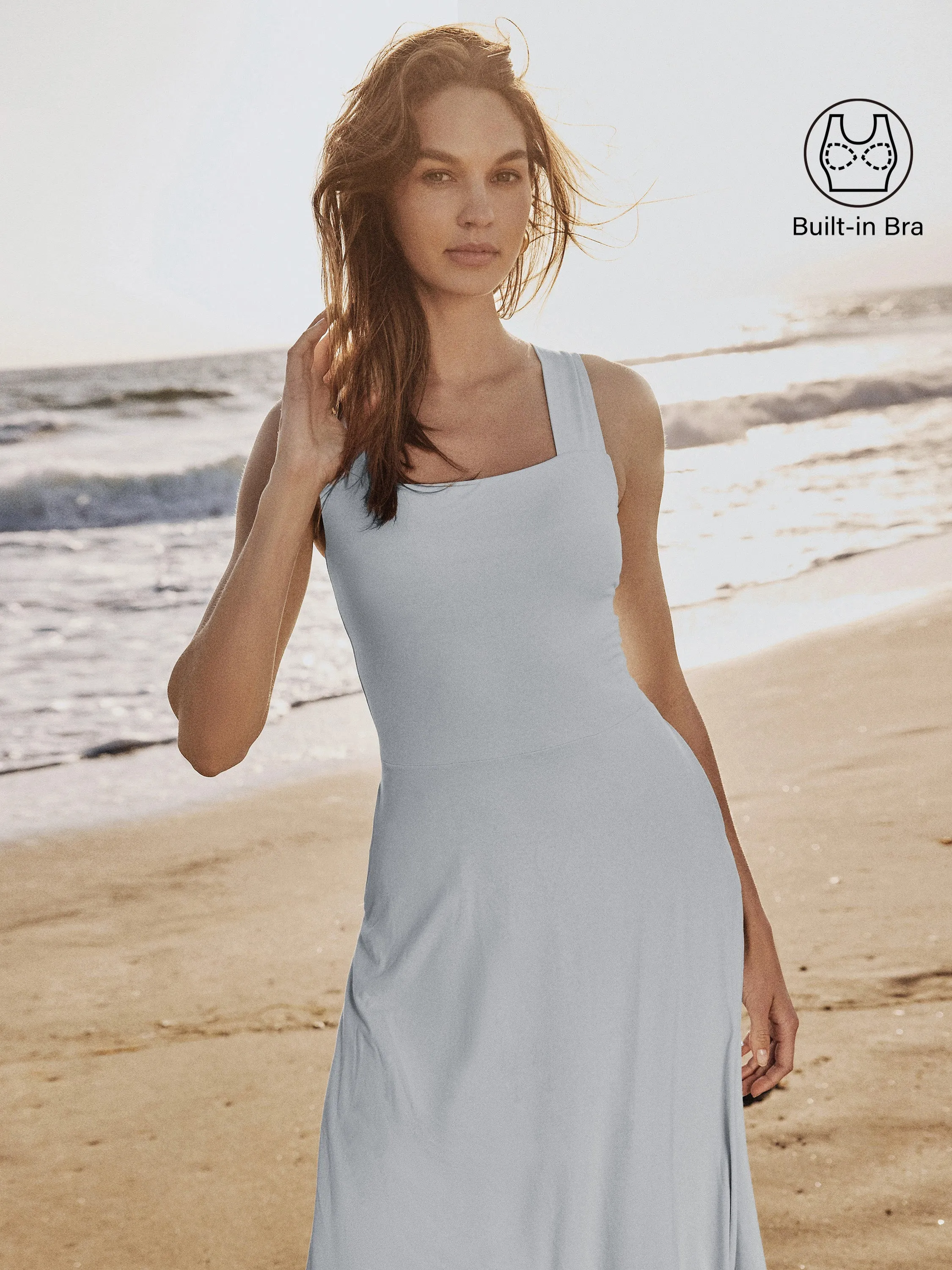 Moisture Control Lining Flowy Square Neck Wide Straps Midi Brami Dress with Pockets