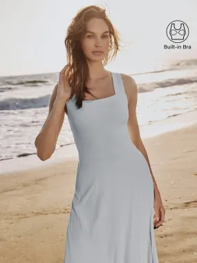 Formal dinner wear Trendy Silhouette Flowy Square Neck Wide Straps Midi Brami Dress with Pockets