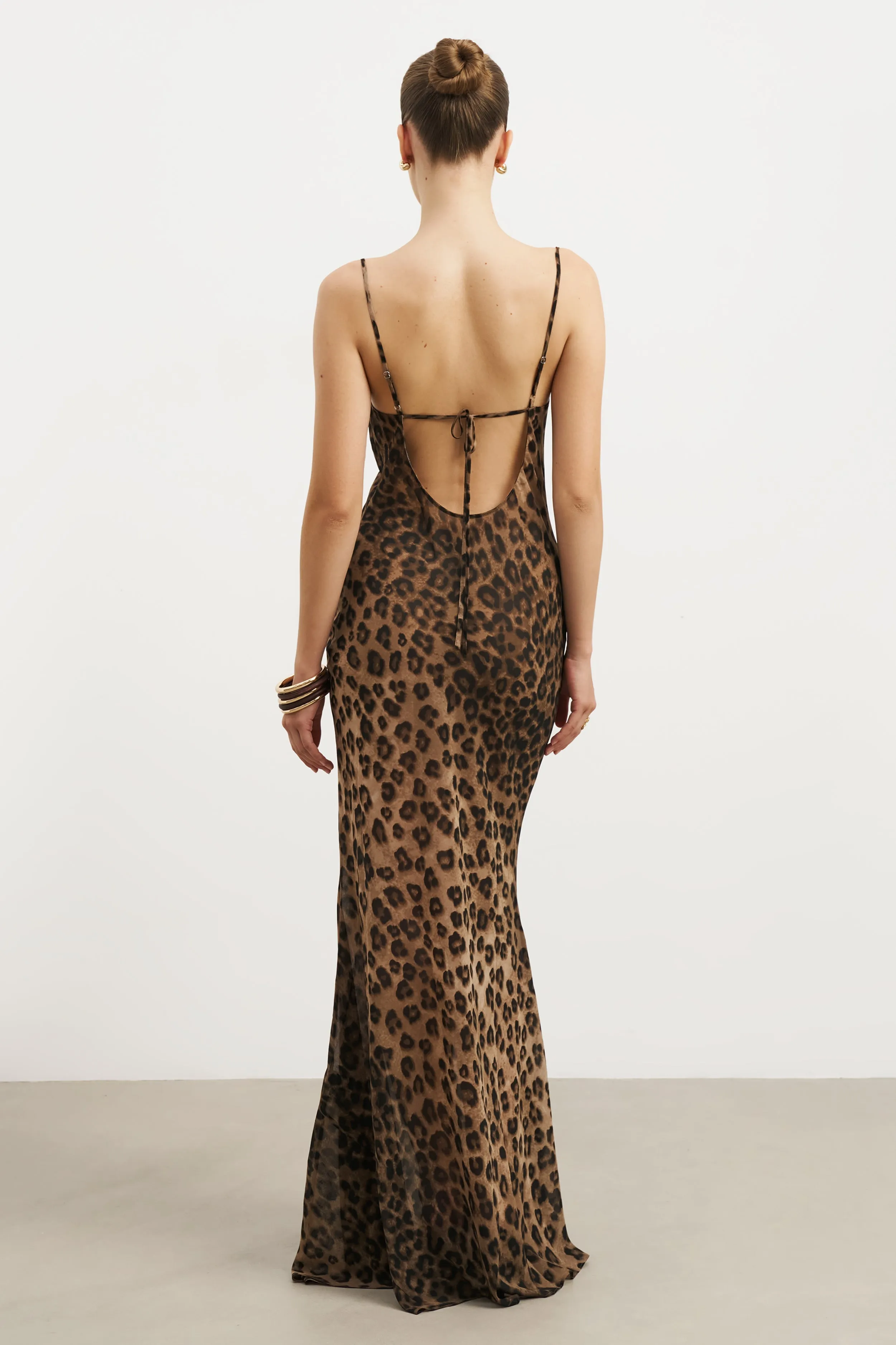 Mesh-Detail Ruched Chiffon Maxi Dress - Leopard Print
