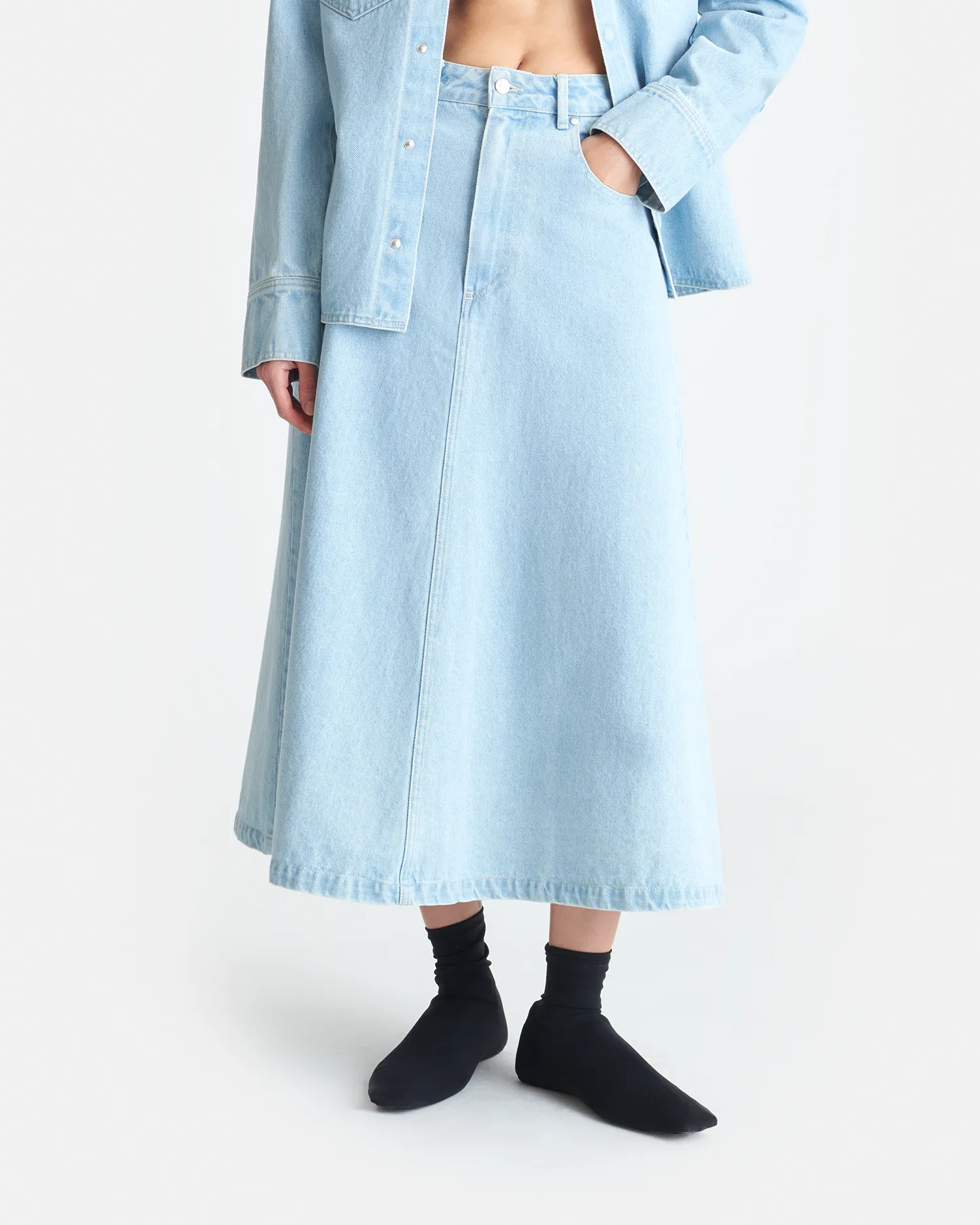 Couple Look Eco Friendly Fray Resistant Hem Cintia - Denim Midi Skirt - Eco Bleach
