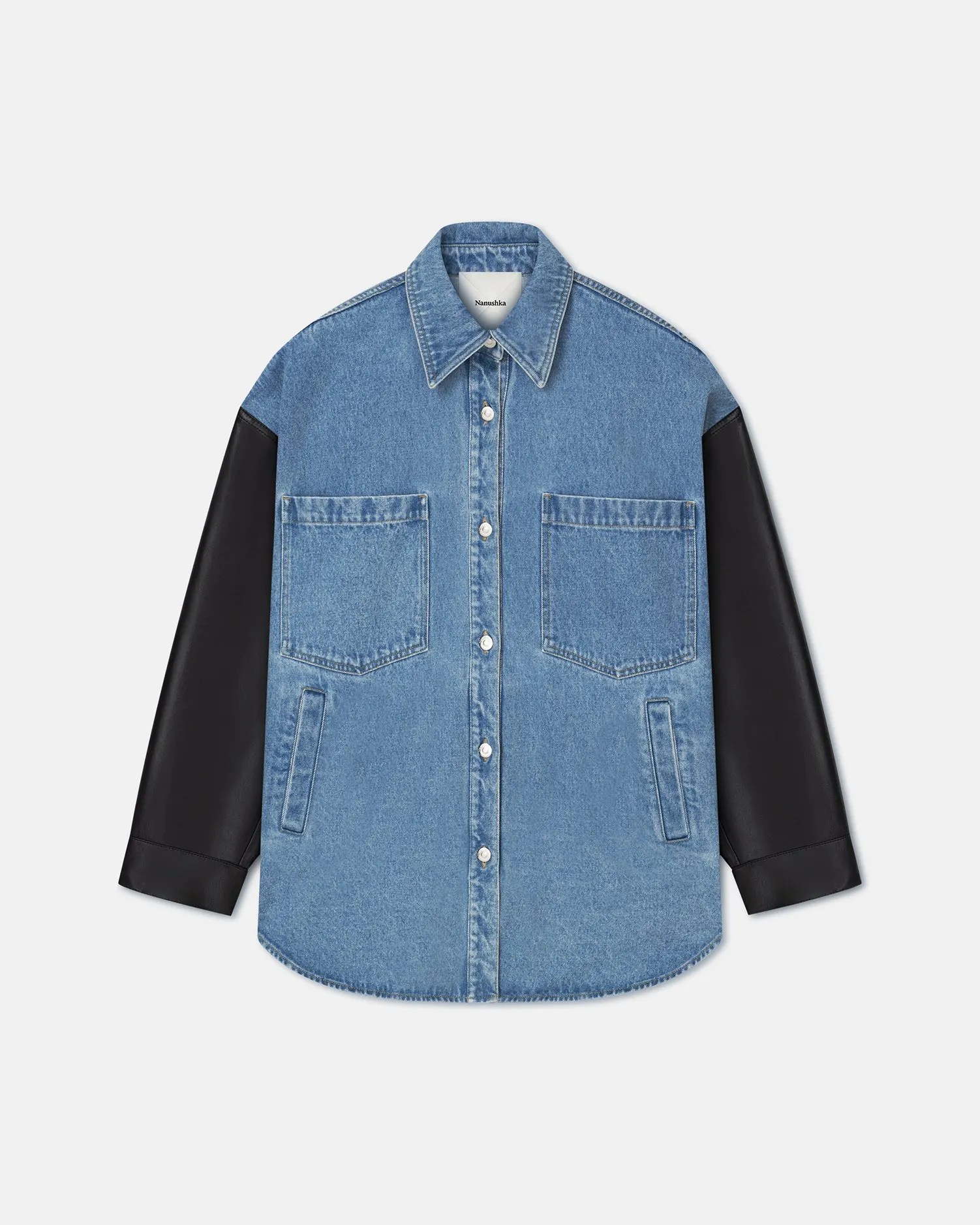 Casual Days Zinnie - Denim and Regenerated Leather Shirt - Mid Blue-Black