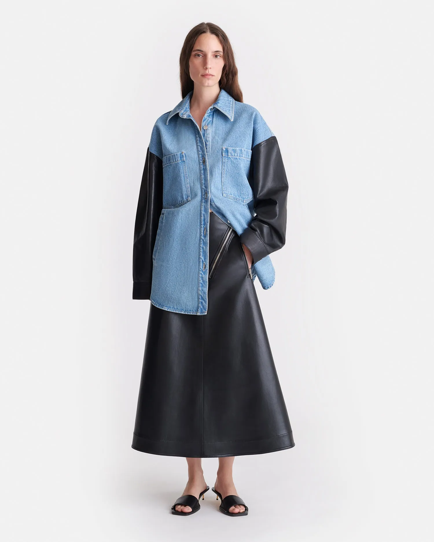 Zinnie - Denim and Regenerated Leather Shirt - Mid Blue-Black Innerwear