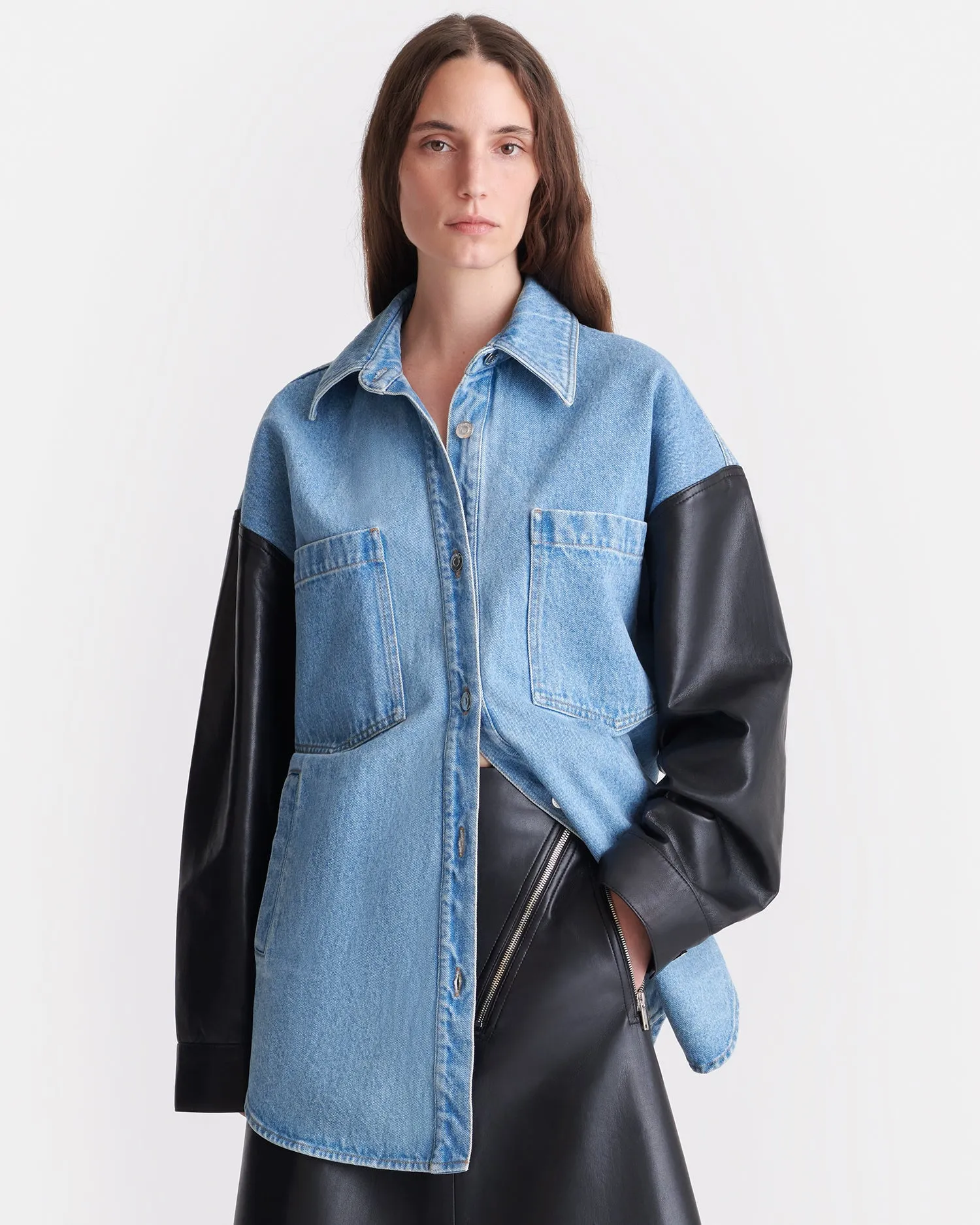 campers Zinnie - Denim and Regenerated Leather Shirt - Mid Blue-Black