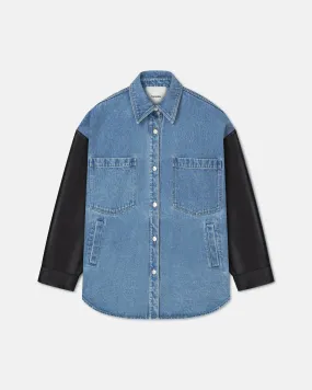 Zinnie - Denim and Regenerated Leather Shirt - Mid Blue-Black AdjustableDrawstring