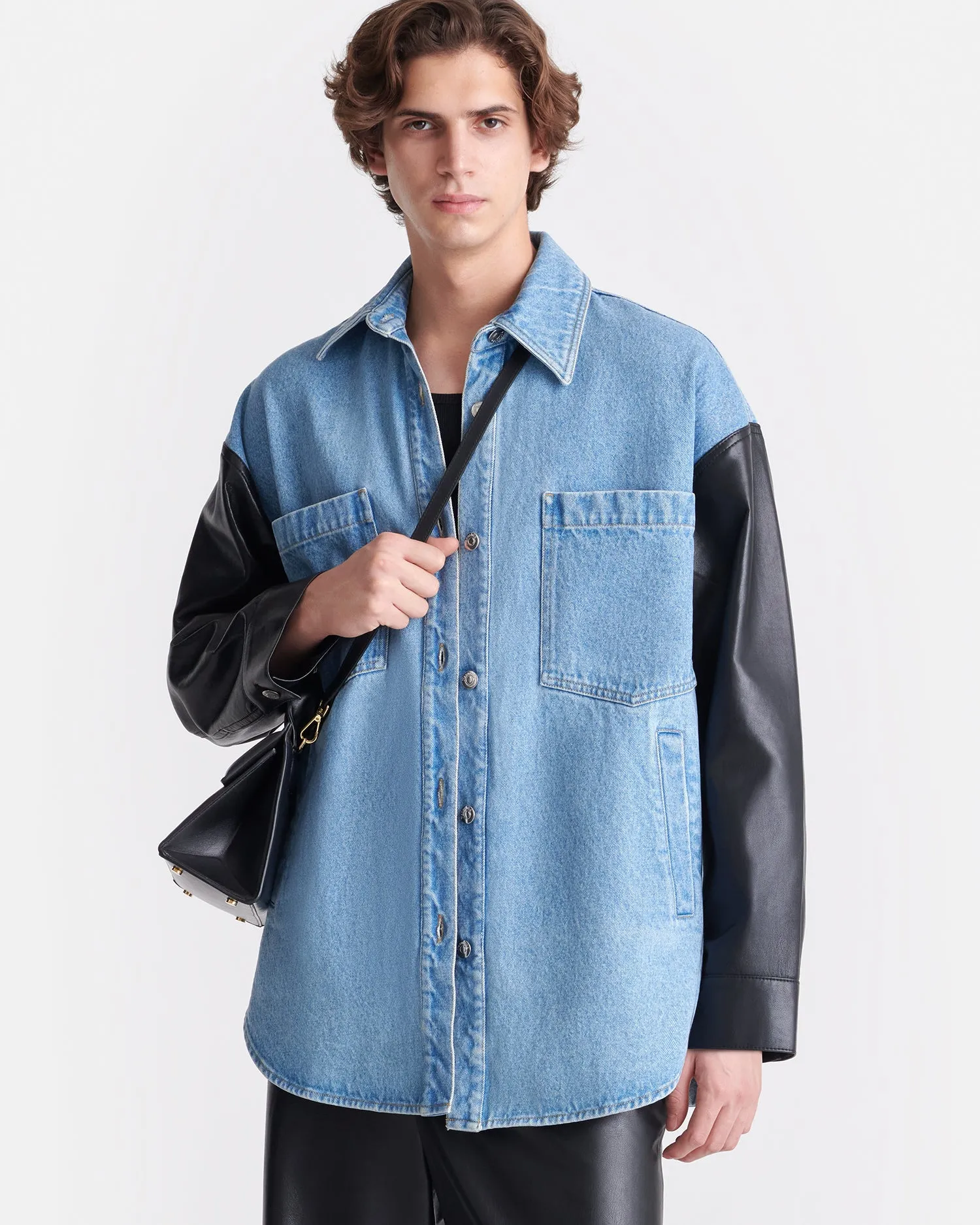 Preppy look Reflective Safety Detailing Zinnie - Denim and Regenerated Leather Shirt - Mid Blue-Black