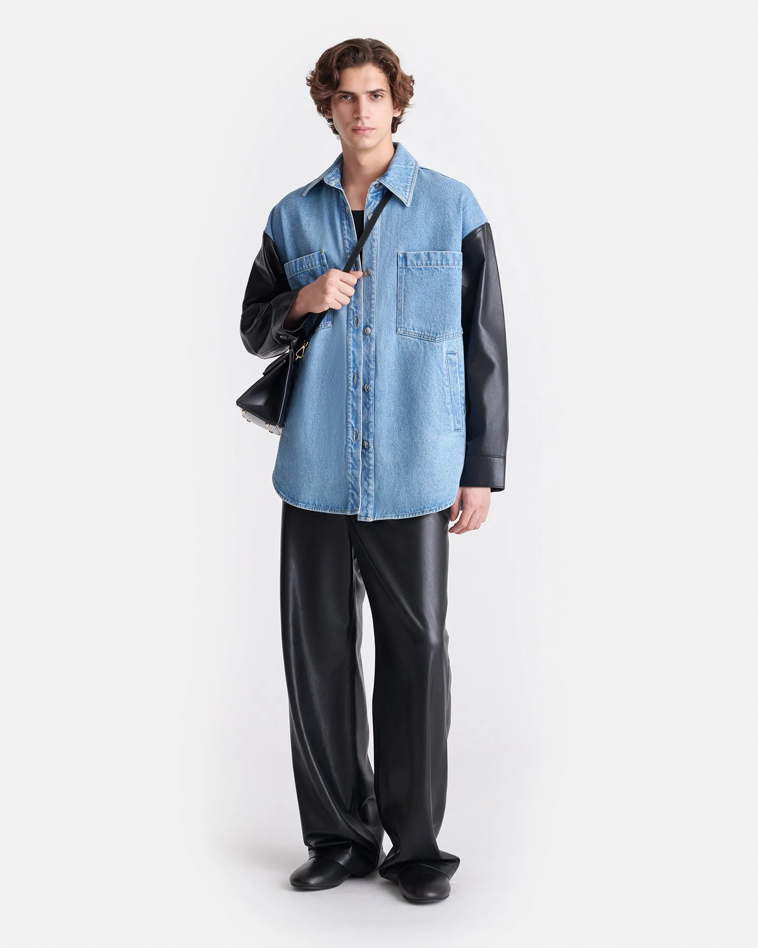 Zinnie - Denim and Regenerated Leather Shirt - Mid Blue-Black Active clothing Hidden Storage