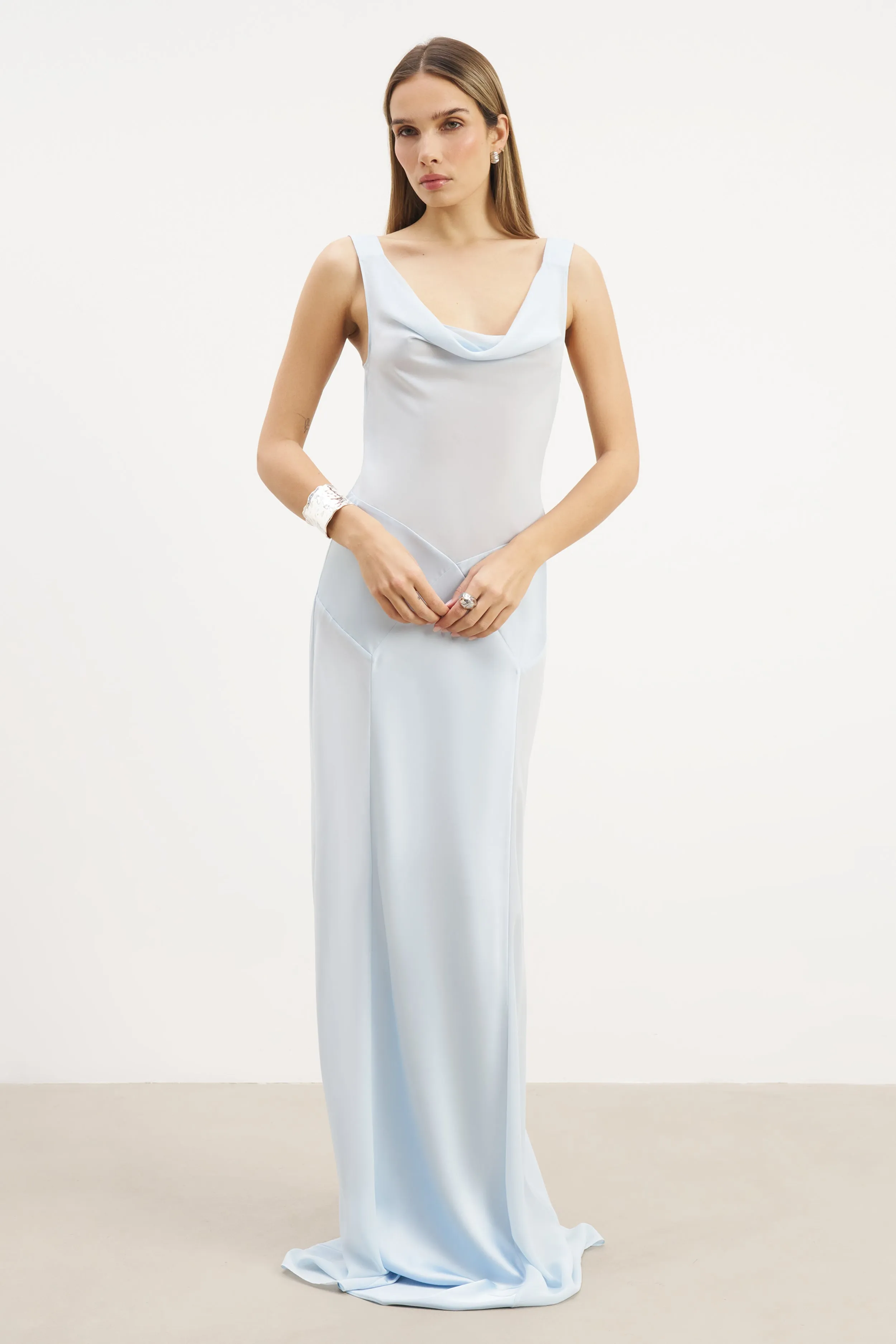 Cowl Neck Satin Panel Gown - Powder Blue Contemporary Vibe