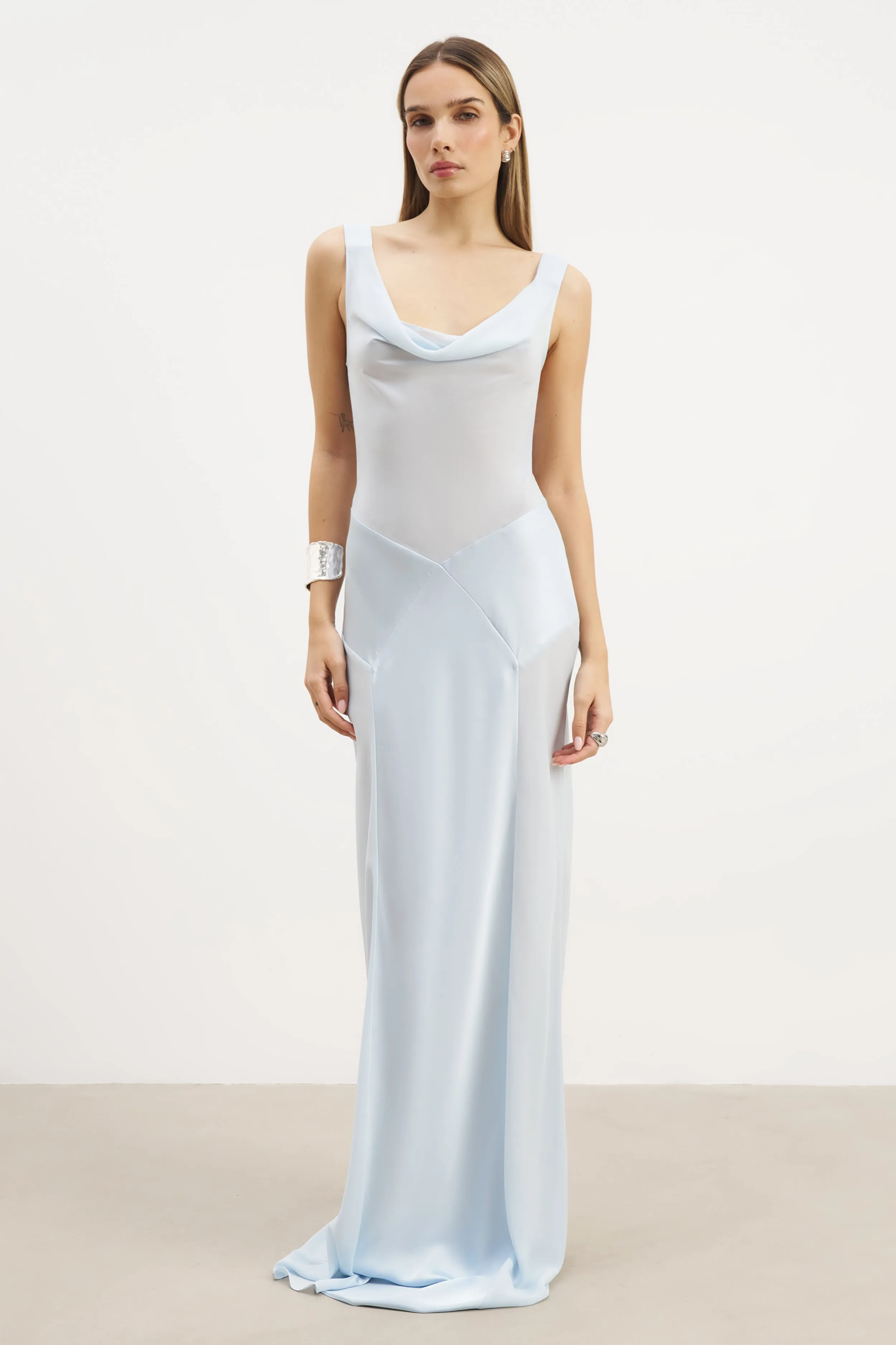 Cowl Neck Satin Panel Gown - Powder Blue Cool Tone