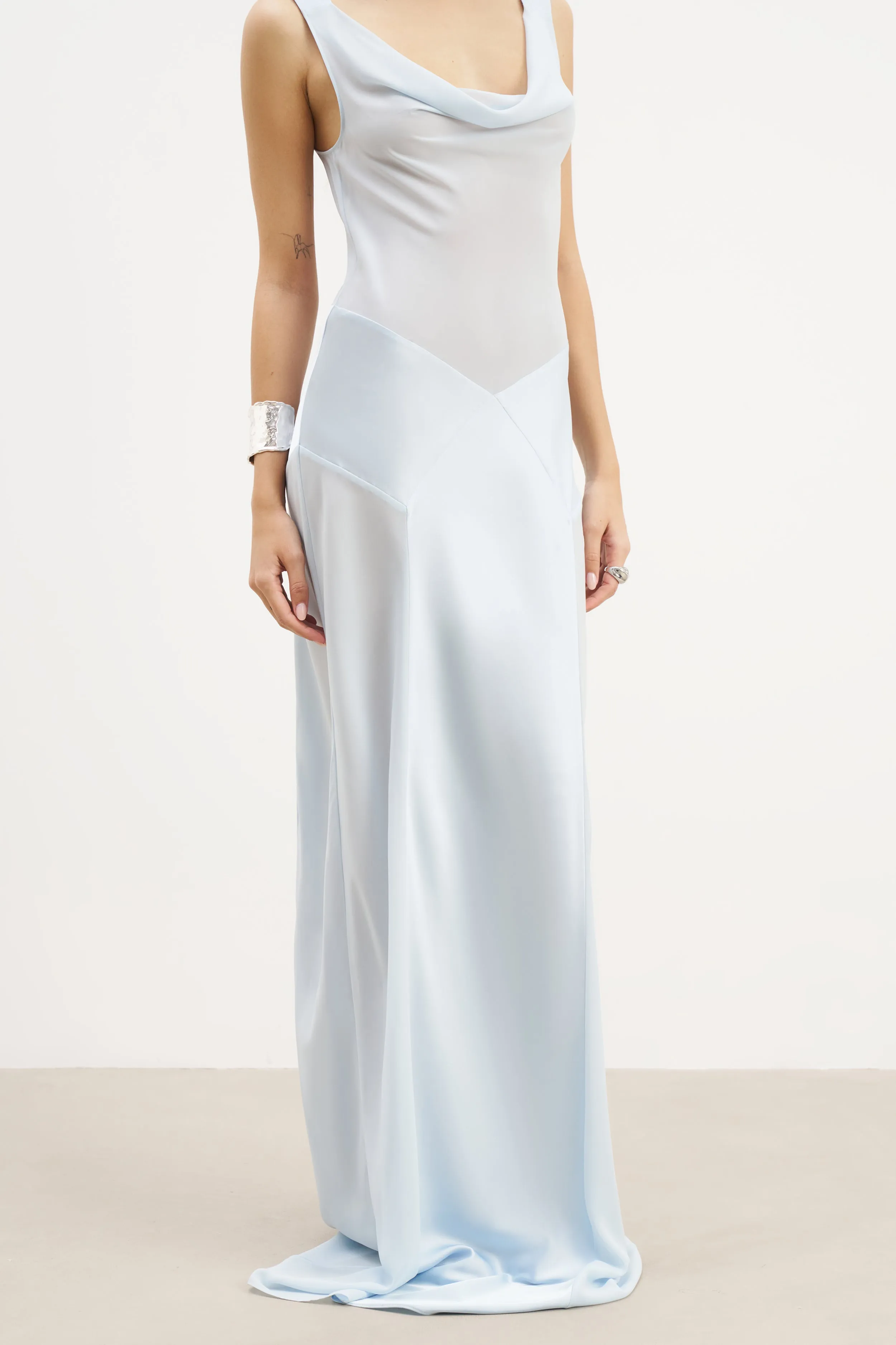 Cowl Neck Satin Panel Gown - Powder Blue Work Vibes Street Vibe