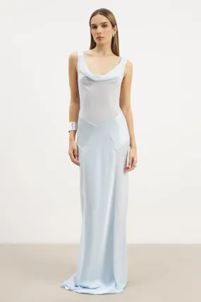 Cowl Neck Satin Panel Gown - Powder Blue Cool Tone