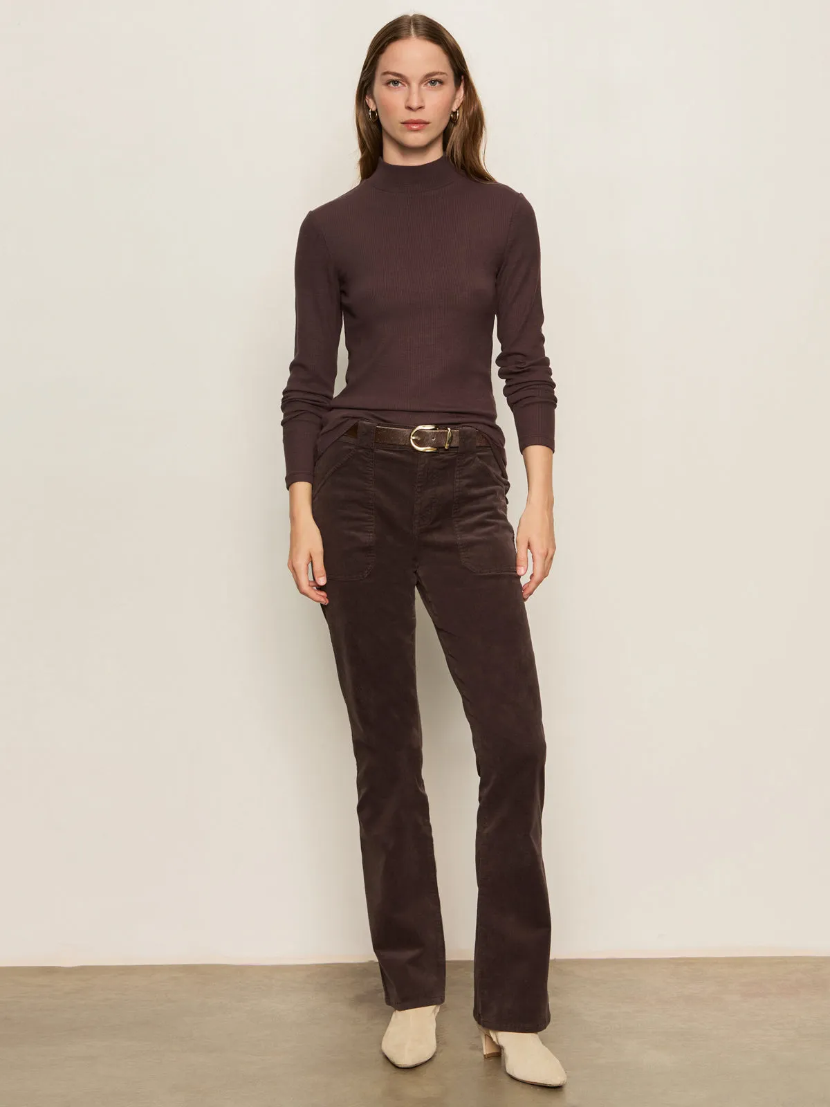 Flattering Drape Long Sleeve Mock Essential Top Semi Sweet