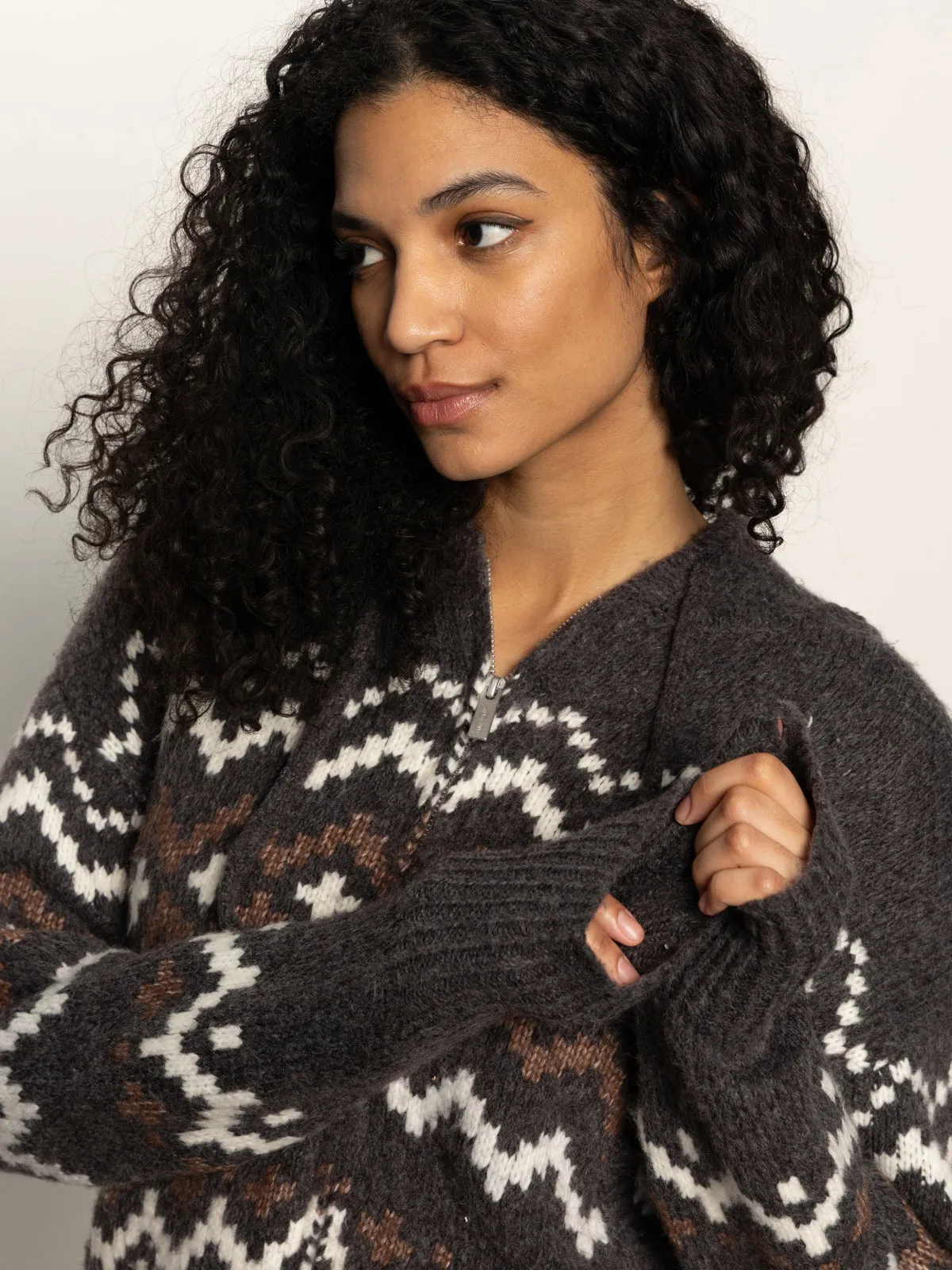 NoSlipSurface Tagless Neckline Design Zip-Up Fairisle Hoodie Mocha Fairisle