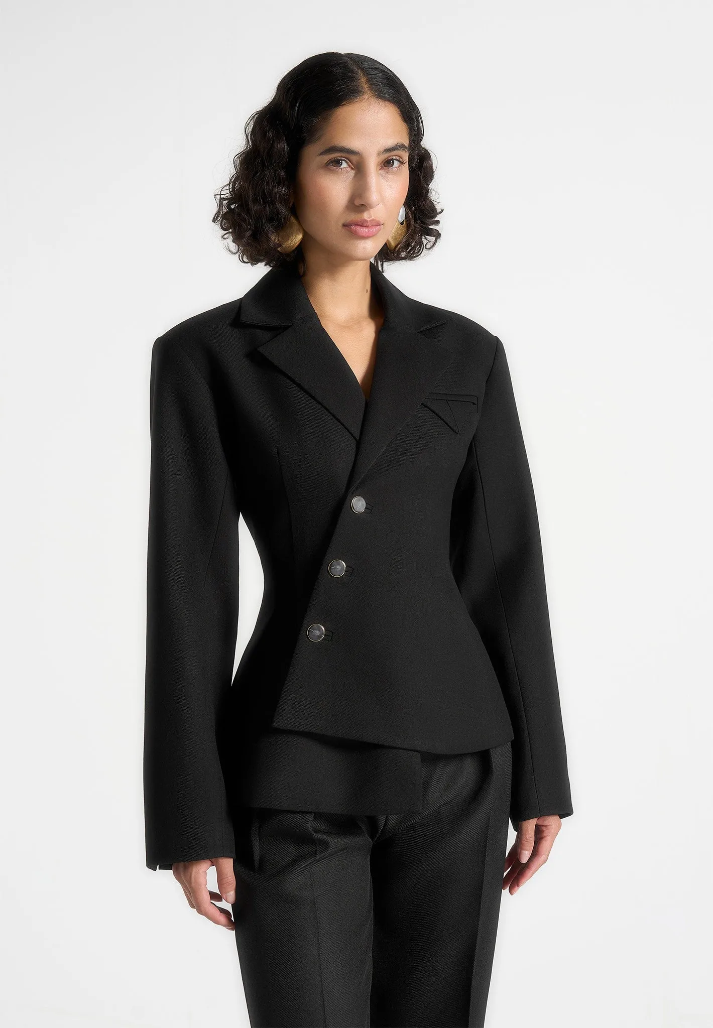 Thalia - Asymmetric Tailored Double Breasted Blazer - Black Minimalist Design