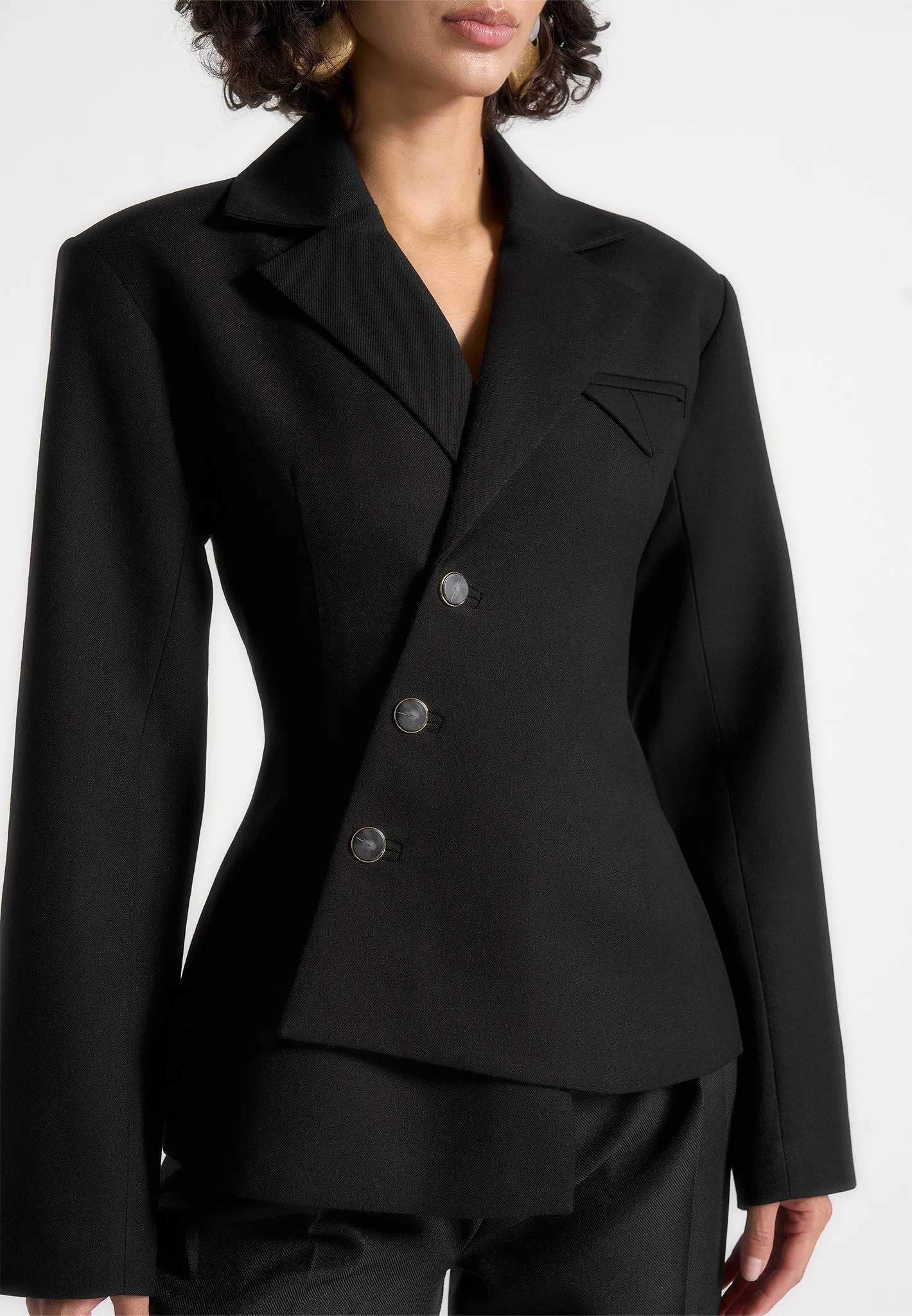 Timeless Tailoring Thalia - Asymmetric Tailored Double Breasted Blazer - Black