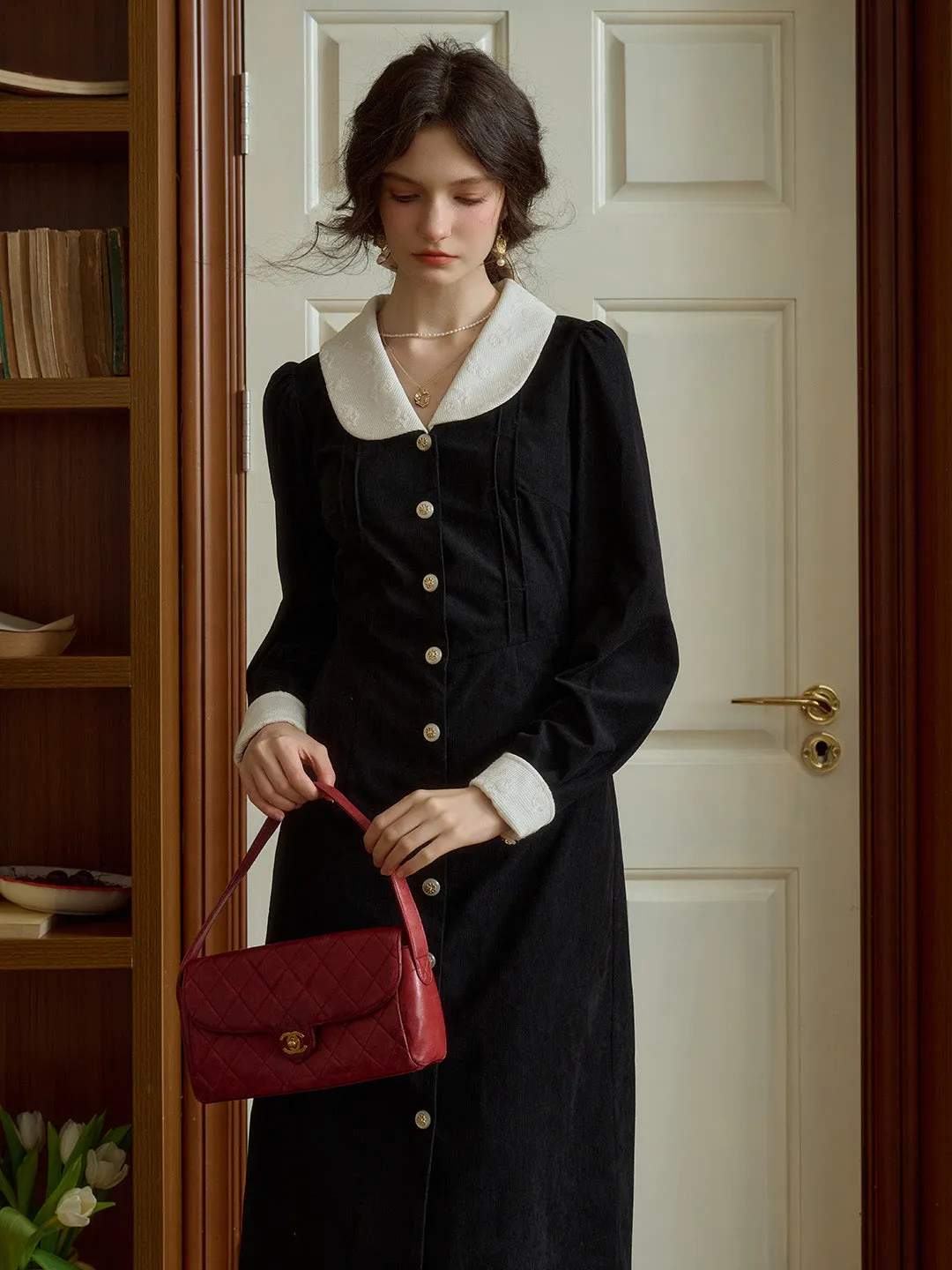 Waist Seam Evening Look Lillie Retro Lapel Contrast Rose Lace Paneling Velvet Dress