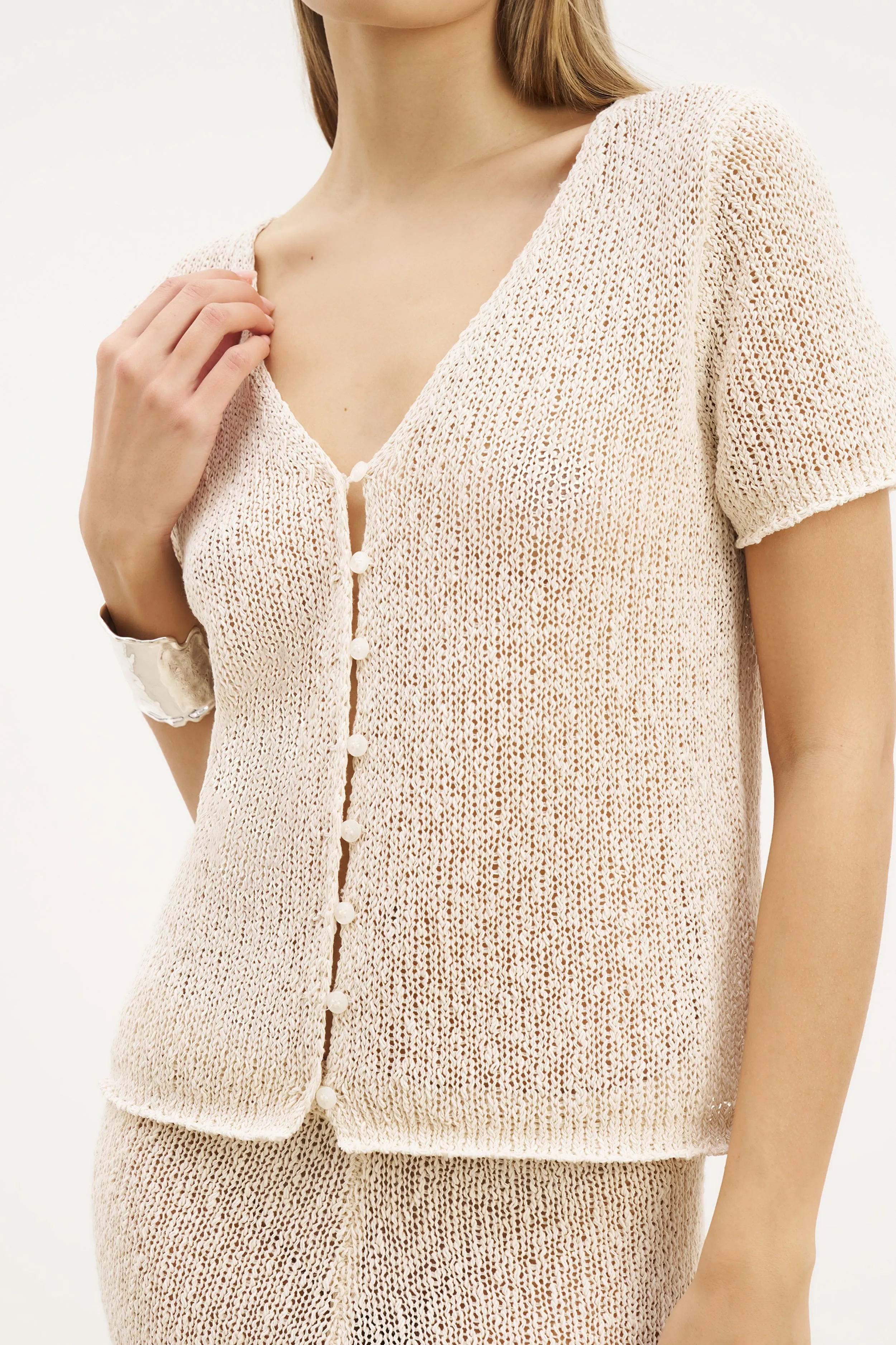 Crochet Knit Button Up Top - Cream Multi Pocket Configuration AntiPilling Finish