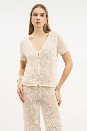 Drop Shoulder Design elegant design Crochet Knit Button Up Top - Cream