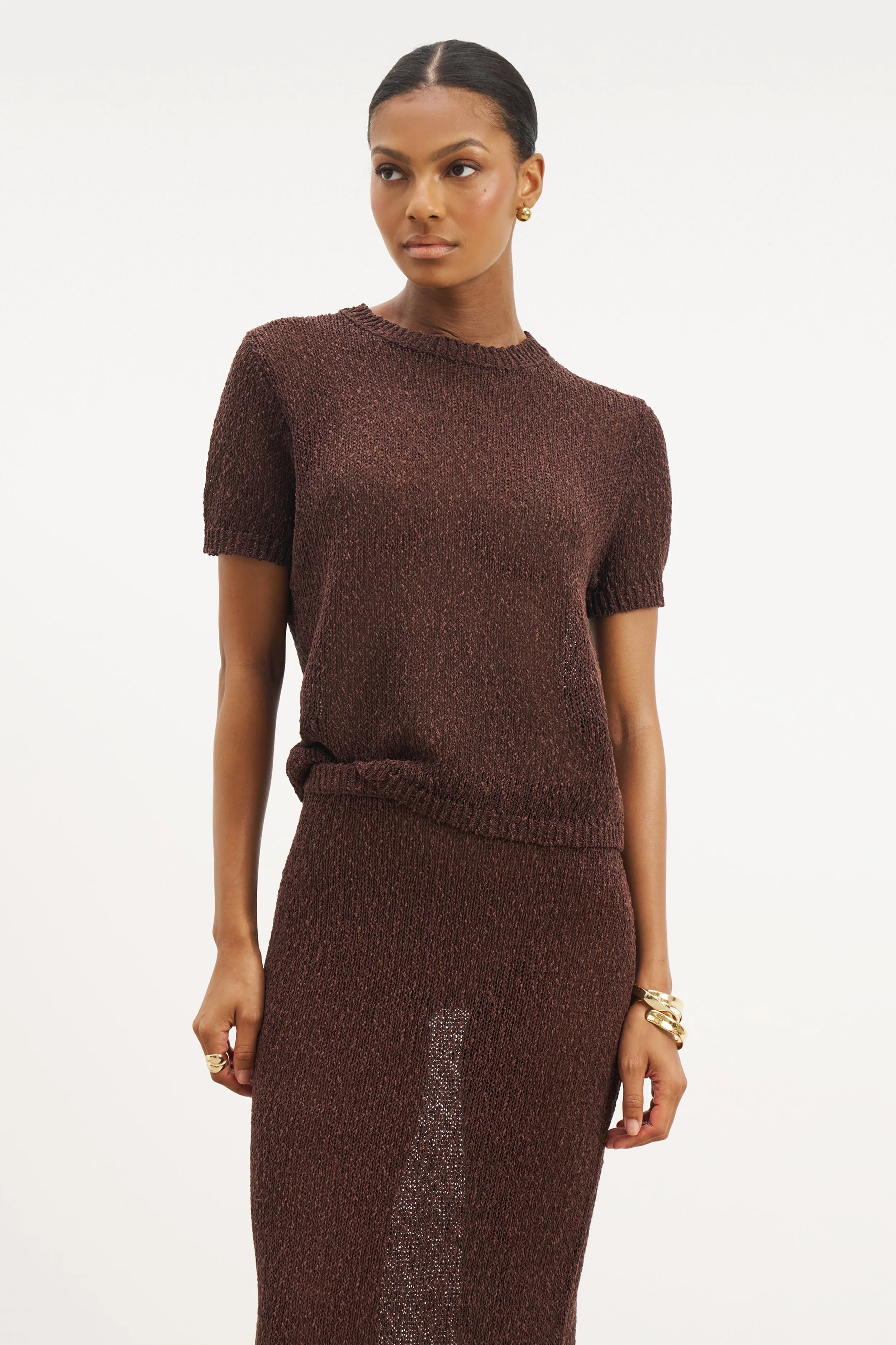 Crochet Knit Relaxed T Shirt - Carob Flexible Material Reinforced Shoulder