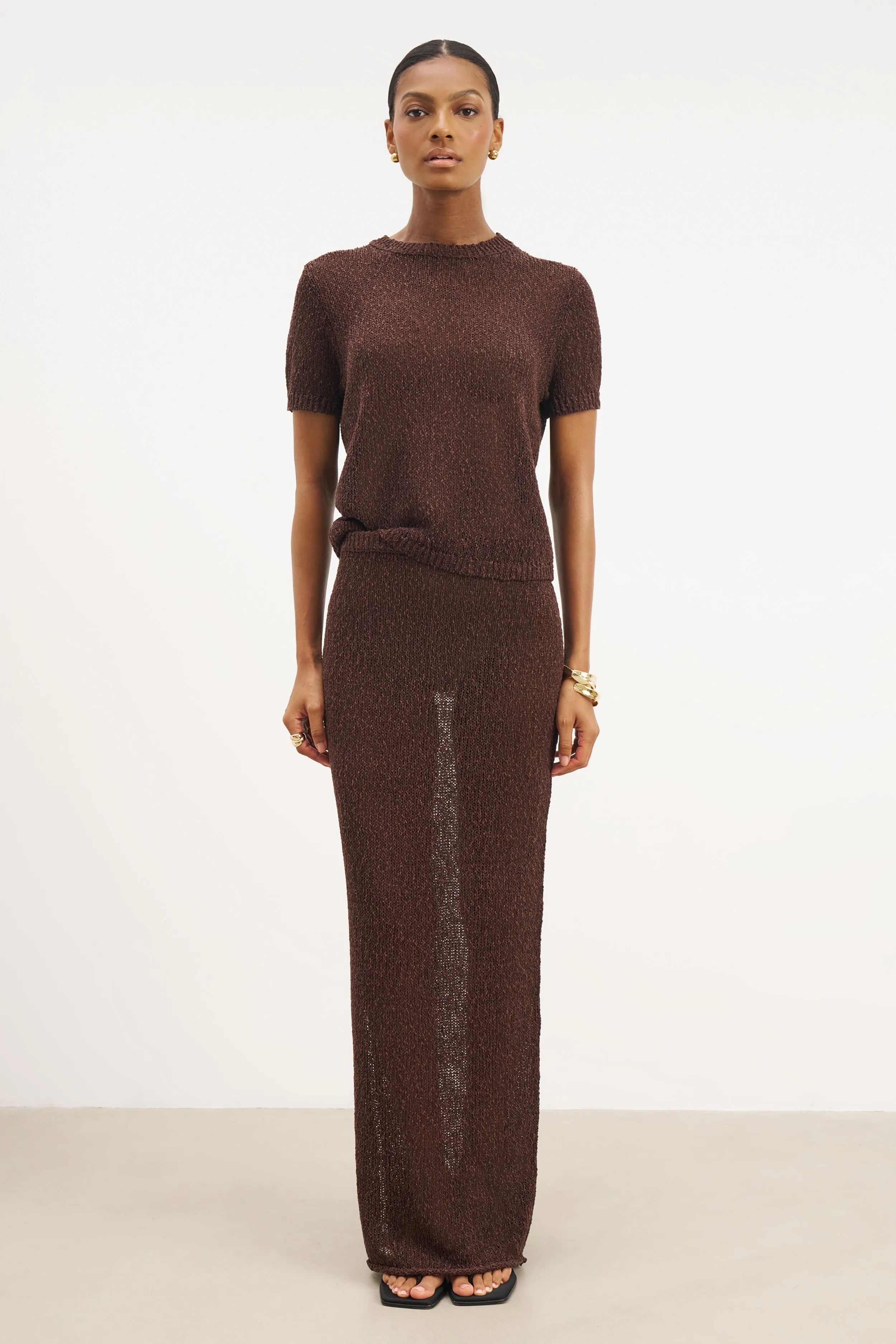 Crochet Knit Relaxed T Shirt - Carob Classic Casual