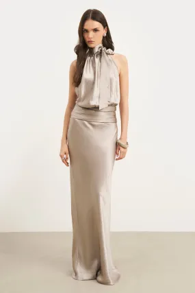 Coordinated Set Tonal Layering Crushed Satin Bias Cut Maxi Skirt - Pebble