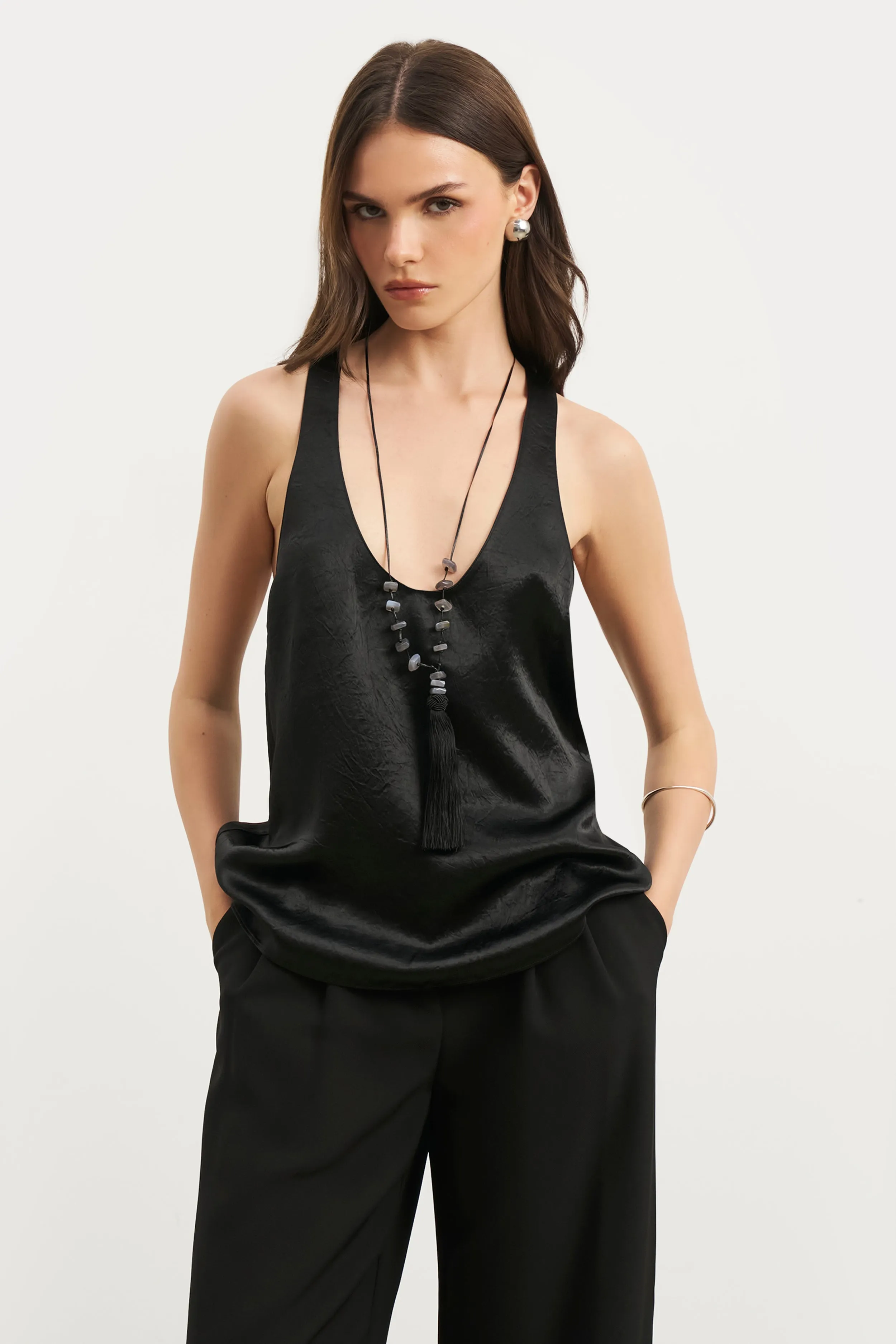 Crushed Satin Plunge U Neck Tank Top - Black HypoallergenicFibers SlimFit