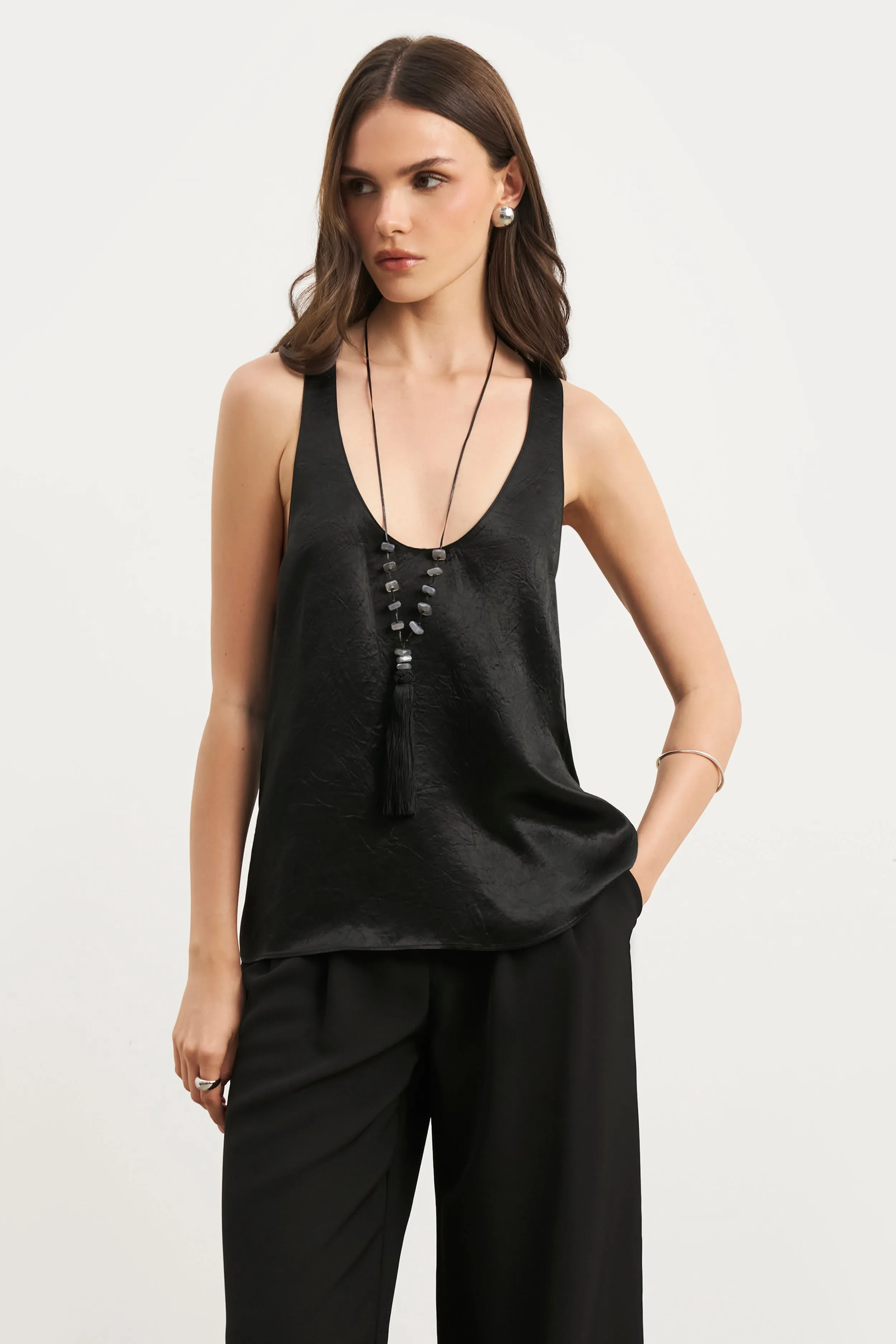 Crushed Satin Plunge U Neck Tank Top - Black WaterRepellent Finish Roll Up Sleeve System