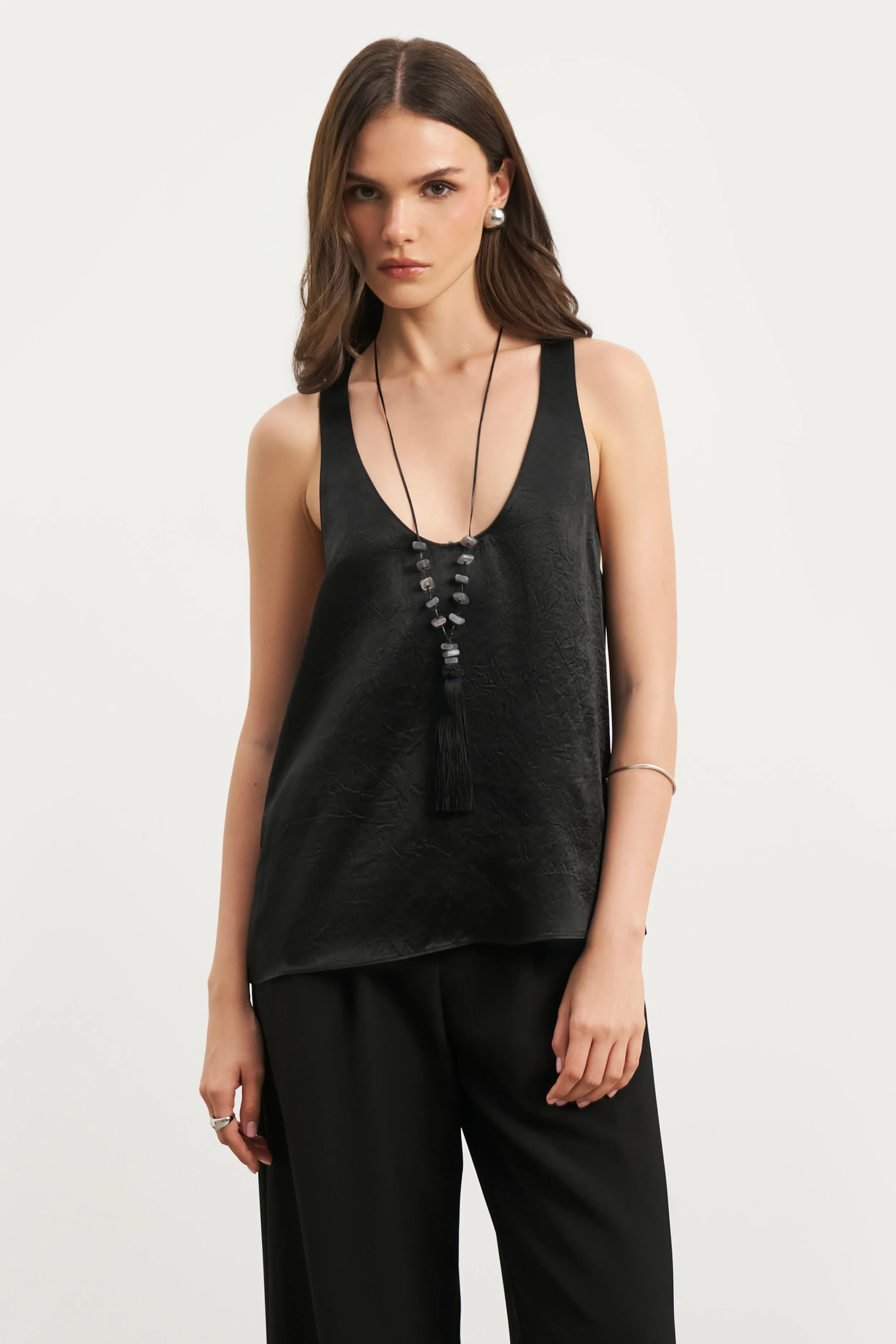ShockAbsorbing AirflowVents Crushed Satin Plunge U Neck Tank Top - Black