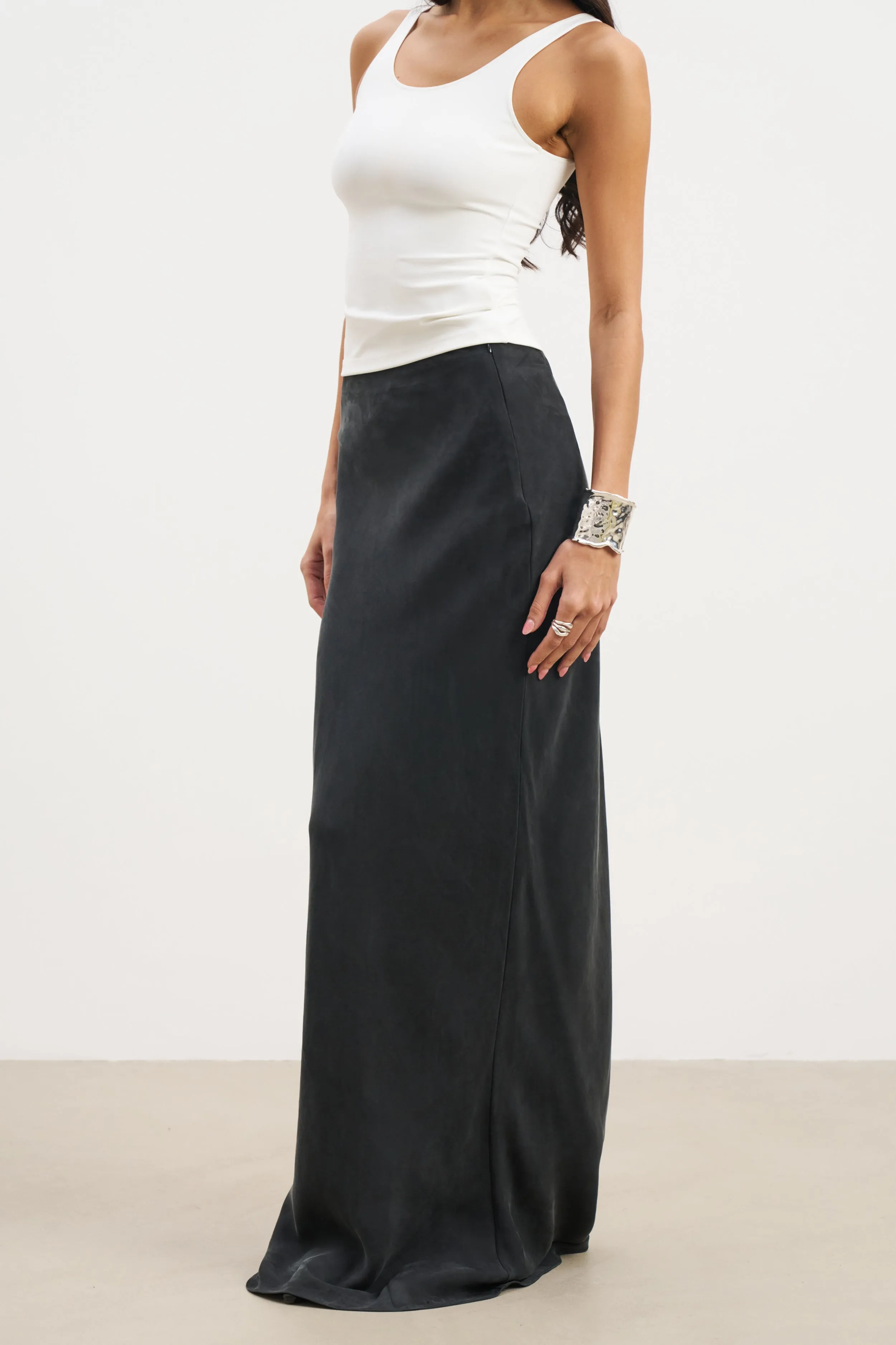 Cupro Bias-Cut Maxi Skirt - Black Relaxed Outfit
