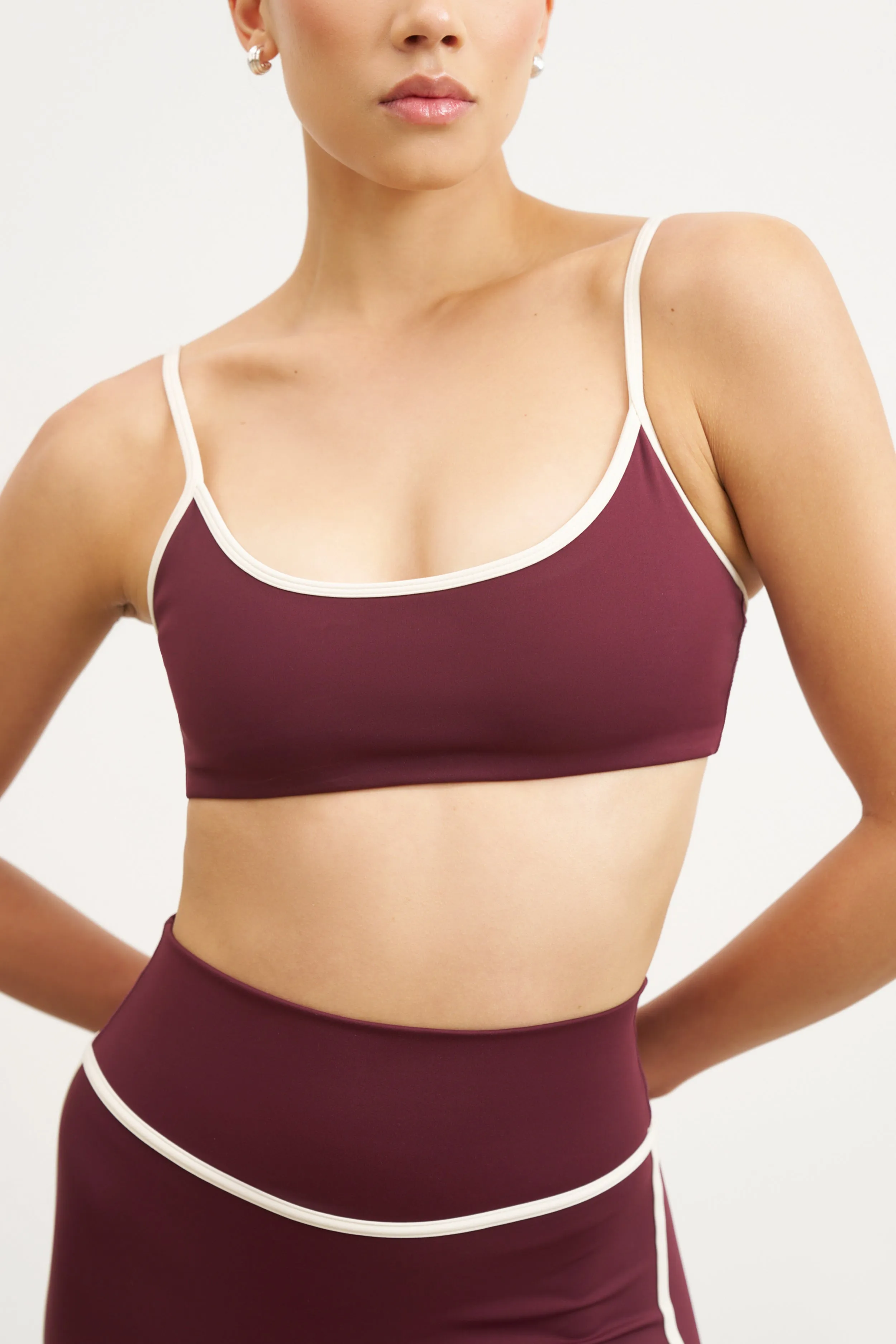 Colorfast Dye Method Double Stitched Hems Base Contrast Trim Cami Bra - Merlot/Tofu